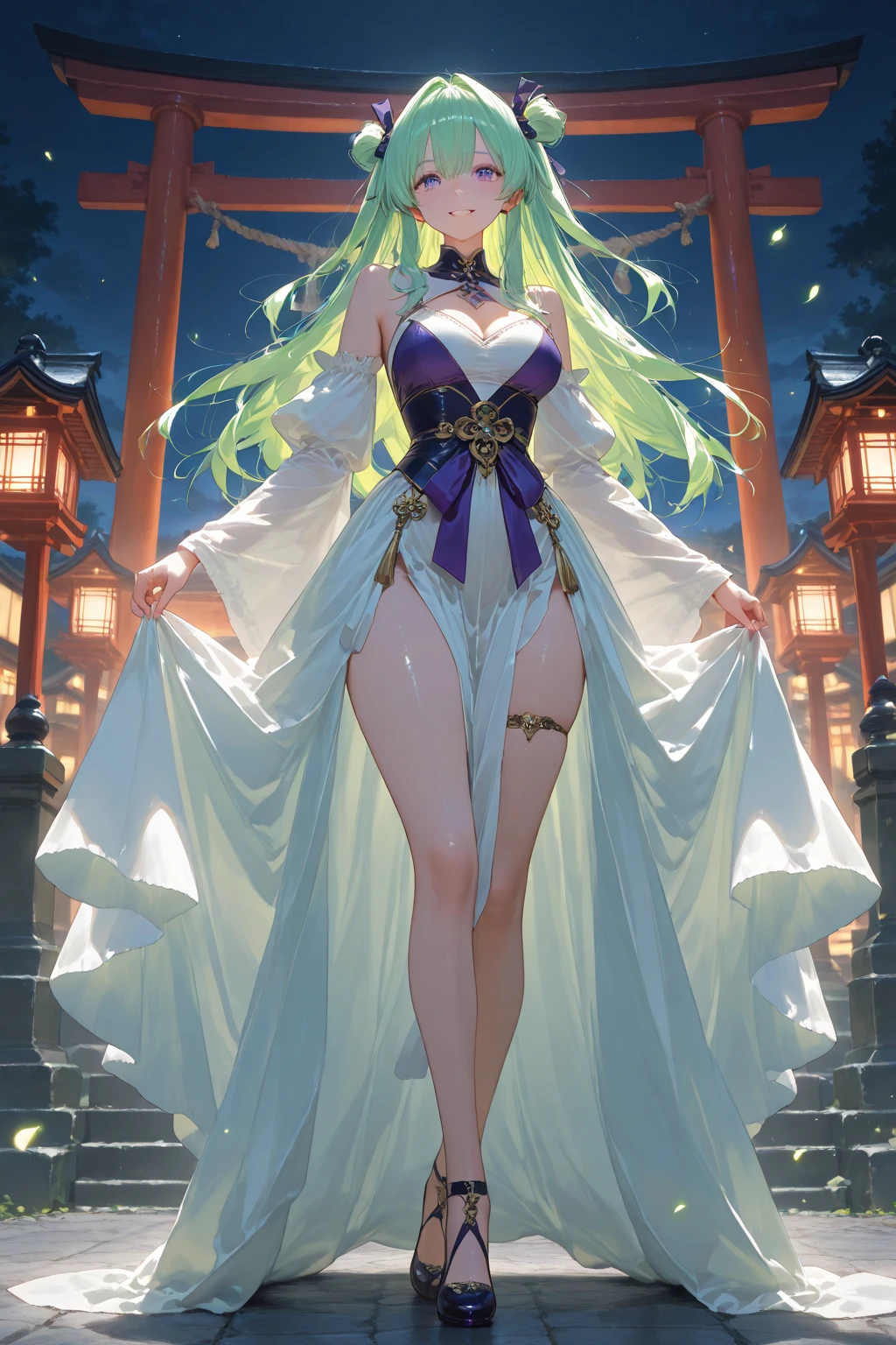 (girl1), (anime), white, with long green hair, jade green eyes, an 18 year old woman, with white stockings and a sexy dress, wearing a heroine costume consisting of a white sleeveless swimsuit with purple details and a yellow crescent moon on his chest. She also wears purple high boots, white gloves with spikes and metal plates on her waist and feet, look at her (breast size, they are size AAAA+:1.5),(With),+, (((three necklaces on the neck, the necklace on the left of the neck has a golden necklace with a jade jewel in the middle and the necklace in the middle of the neck has a silver necklace with a blue jewel in the middle and And the necklace on the right of the neck has a crystalline necklace with a pink jewel in the middle)))
