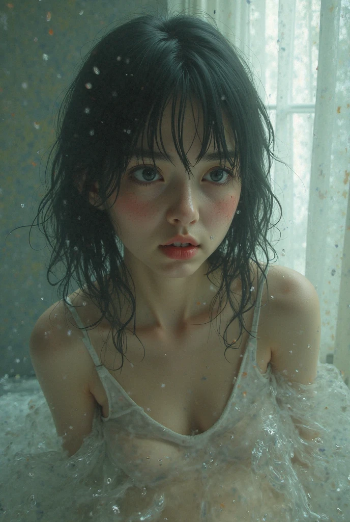 high quality, detailed,a girl with white water drops on her face.she is taking a shower,lots of white water droplets.(at night:2.0),green eyes.she is 13 years old japanese bitch gal,prostitute,she has a mole under her eye,(smallest breasts),(wearing long sleeve white oversized t-shirt dress,offshoulder,very very wet thin fabric shirt,),blunt bangs,((bob hair,very wet hair and wet face,shiny face)),slender,face up,nipples,temptation
((opens her mouth very very wide:1.2 and she looks very very painful and her cheeks are very red))((closed her eyes:1.2)),((in very dirty toilet))