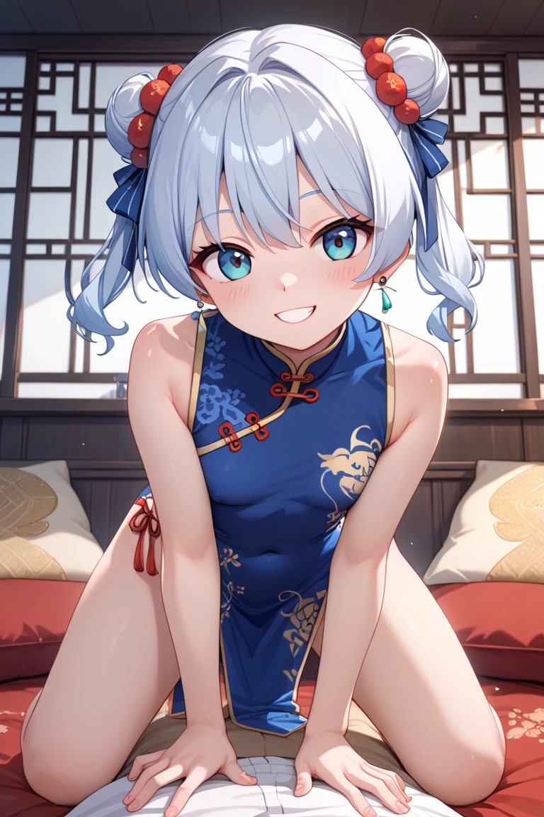 1girl、(((best quality)), ((masterpiece)), (details), masterpiece, best quality, high quality, ulutra detailed, perfect face, ((1girl, blue eyes, cat ears: 1.3 silver bob hair: 2.5,)) and ((Big white wolf:2.1)) 、Shiny Hair、Glowing Skin、blush、Lustful look、Small breasts,Sidetiletto heels、China dress、Alluring expression,Chinese gorgeous outdoor background、