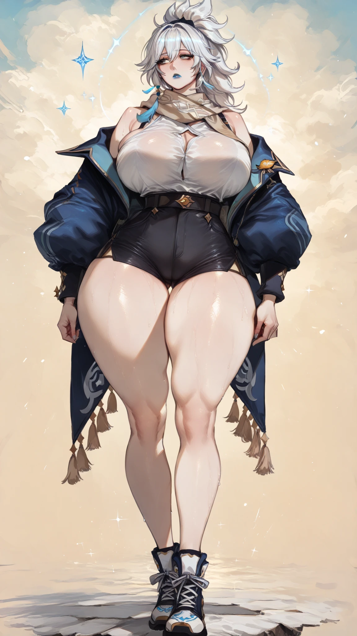 (masterpiece), best quality, female warrior, huge girl, female muscular:1.2, big breast,  ((curvy:1.7)), (((blank background))), ((full body)), fingerless gloves, sandals, sleeveless, covered nipples, (underboobs:1.3), parted bangs, straight hair, black hair