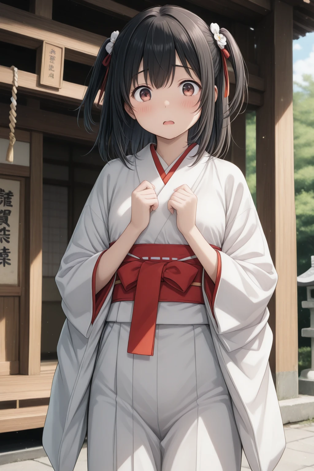 (1girl), (see-through), (japanese clothes), solo, breasts, looking at viewer, black hair, hair ornament, long sleeves, medium breasts, closed mouth, standing, collarbone, cowboy shot, wide sleeves, lips, wet, sash, obi, wet clothes, backlighting, realistic, nose<lora:lbc_ST_japanese_clothes:STRENGTH>,