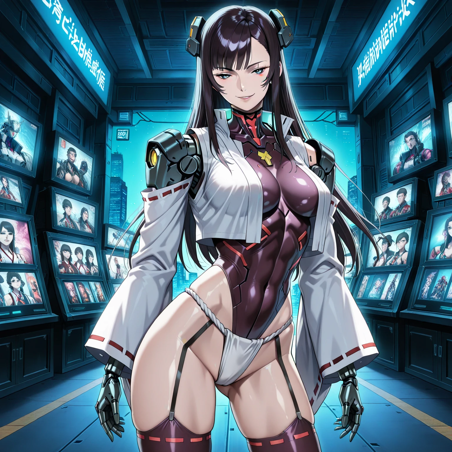 professional artwork, Intricate Details, field of view, sharp focus, detailed painting, photorealistic lighting, trending on pixiv, Standing at attention, black outfit ,yellow collared shirt,black bodysuit,skin_tight,black legwear, black pantyhose, Side_boob, black hair,very long hair, Bangs,yellow eyes,makeup, lipstick, 35yo,mature female,Beautiful Finger,Beautiful long legs,Beautiful body,Beautiful Nose,Beautiful character design, perfect eyes, perfect face, looking at viewer,official art,extremely detailed CG, 8k wallpaper, perfect lighting,Colorful, Bright_Front_face_Lighting, (masterpiece:1.0),(best_quality:1.0), ultra high res,4K,ultra-detailed, photography, 8K, HDR, highres, absurdres:1.2, Kodak portra 400, film grain, blurry background, (Beautiful,large_Breasts:1.4), (beautiful_face:1.5),(narrow_waist), (solo:1.4), ((landscape dimension)),