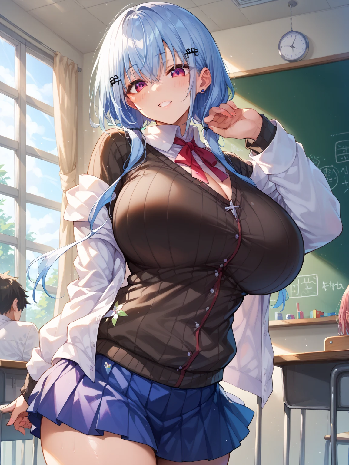 Yamato, big breast, big thigh, no clothes , screaming in pain, pussy covered cum, wearing javannese indonesian kebaya, sitting on the desk, squat, classroom, crowded