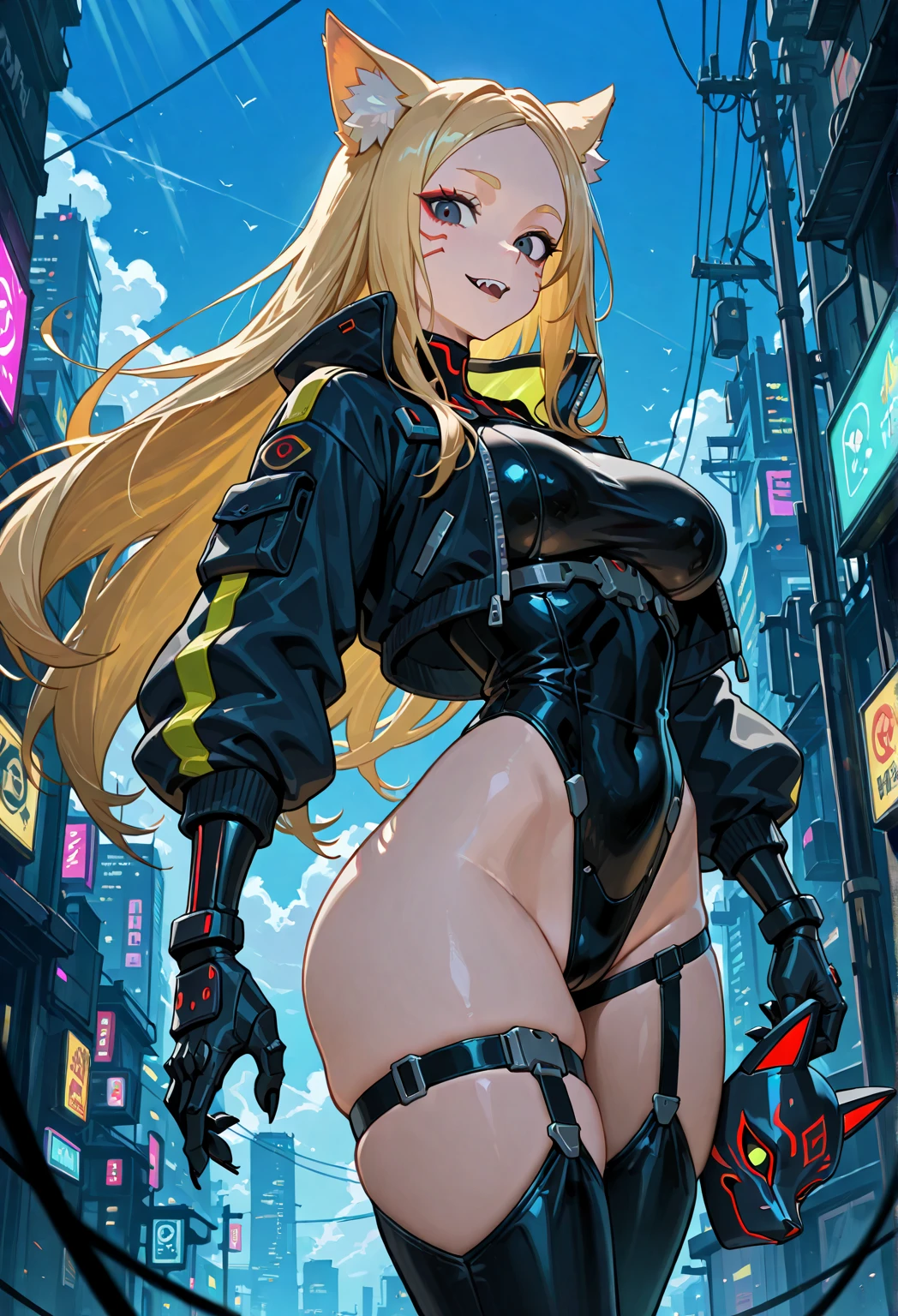 对称，High detail RAW color photo professional close photograph，[:(Highly detailed faces：1.2):0.1]，(PureErosFace_V1:0.6)，pores，Real human skin，18 year old female street view detail Tokyo streets，exteriors,city scenery,huge tit,show,Ear headphones,Animal ears,V-shape,By bangs,Blushlush,Tights,boobgasm,rabbit pose,Clothes to write,Cover the navel,Cowboy photos,Seven-point jacket,Fake animal ears,mitts,Hair ingestion, Earphone, Impossible jumpsuit, Impossible clothes, jaket, huge tit, latex, latex body suit, long whitr hair, longer sleeves, looking at viewert, middlebreast, Multicolored gloves, with her mouth open, pink leotard, a pink eyes, Red eyes, Red coat,shinning clothes，shrugged shoulders\（The clothes ar\），side locks，the complex background，Skin Firm，ssmile，Solo，thigh gap，upper legs，dual horsetail，Very long hair，whitegloves，White hair，Alice \（Nikke\），（tmasterpiece：1.4 ),(best qualtiy:1.4),(shiny skins),realisticlying,