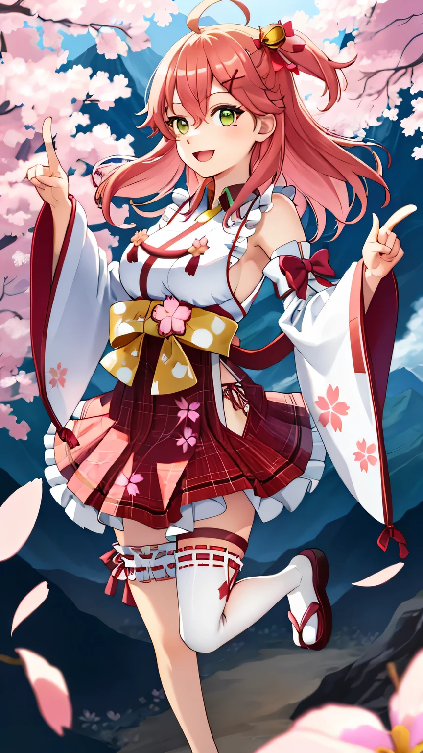 {{{masterpiece}}}, (best quality:1.5), (ultra-detailed:1.5), {illustration}, {{an extremely delicate and beautiful}}, (beautiful detailed eyes:1.6), absurdres, highres, extremely detailed face, 16k, hd, visual anime de uma jovem mulher, extremamente bonito rosto de anime, anime melhor garota, (perfect hands, perfect anatomy), anime face, Sakura Miko(Hololive), sakura miko, 1girl, solo, cute face, pink hair, long hair, ahoge, (one side up:1.4), x hair ornament, hairclip, hair bell, hair between eyes, bangs, flushed cheeks, (green eyes:1.2), large breasts, big hips, curvaceous, BREAK, MikoBase, miko1, nontraditional miko, japanese miko costume, floral print, frills, bare shoulders, detached sleeves, wide sleeves, sideboob, red collar, waist ribbon(yellow ribbon), mini skirt, (red skirt:1.3), (cherry blossom pattern skirt:1.3), white petticoat, bridal garter, (single thighhigh on the left foot:1.5), white thighhighs, asymmetrical legwear, BREAK, Pixelated Background, cute face, open mouth, smiling, pointing, dancing, jumping, from above, outdoor, mountain, forest, flower garden, (cute gestures:1.2), dynamic pose, dynamic angle, mysterious, fluttering skirt, medium close-up shot