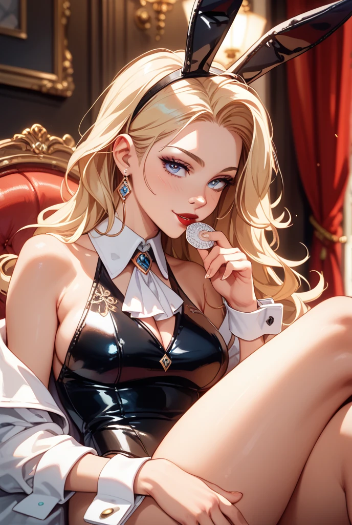 (((Portrait Photo))), She has an Enigmatic and Sensual Appearance of a Young Adult, with a Graceful and Curvaceous Build that Exudes Allure. Her Medium-Length, Ash Blonde Hair Frames Her Delicate Face, Softly Highlighting Her High Cheekbones. Her Large, Golden Eyes are Luminous and Filled with a Mysterious Depth, Accentuated by Her Long, Dark Lashes. She is Dressed in an Elegant, Black Lace Lingerie Set that Contrasts Strikingly with Her Pale Skin, and Paired with Long, White Satin Gloves and Stockings. Her Expression is Intimate and Thoughtful, with a Slight Flush on Her Cheeks, Conveying a Sense of Vulnerability and Deep Reflection. She Sits with Poise on a Plush Red Armchair, Adding an Air of Sophistication and Old-World Glamour to Her Presence. (((High Quality, Dark Background))), (((Portrait Photo)))