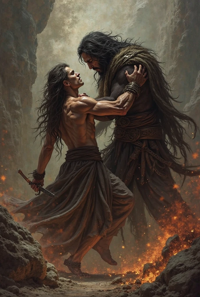 Giant woman strangles short man