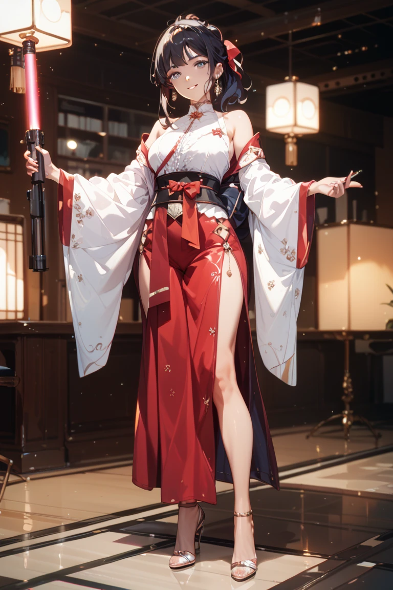(top-quality、8K、32K、masterpiece、nffsw:1.2)、Photo of a cute Japanese woman、big eye、small nose、Smaller breasts、Ponytail with black hair、Red ribbons、full bodyesbian、Ninja costume、、sface focus、simple background、looking at the viewers、
