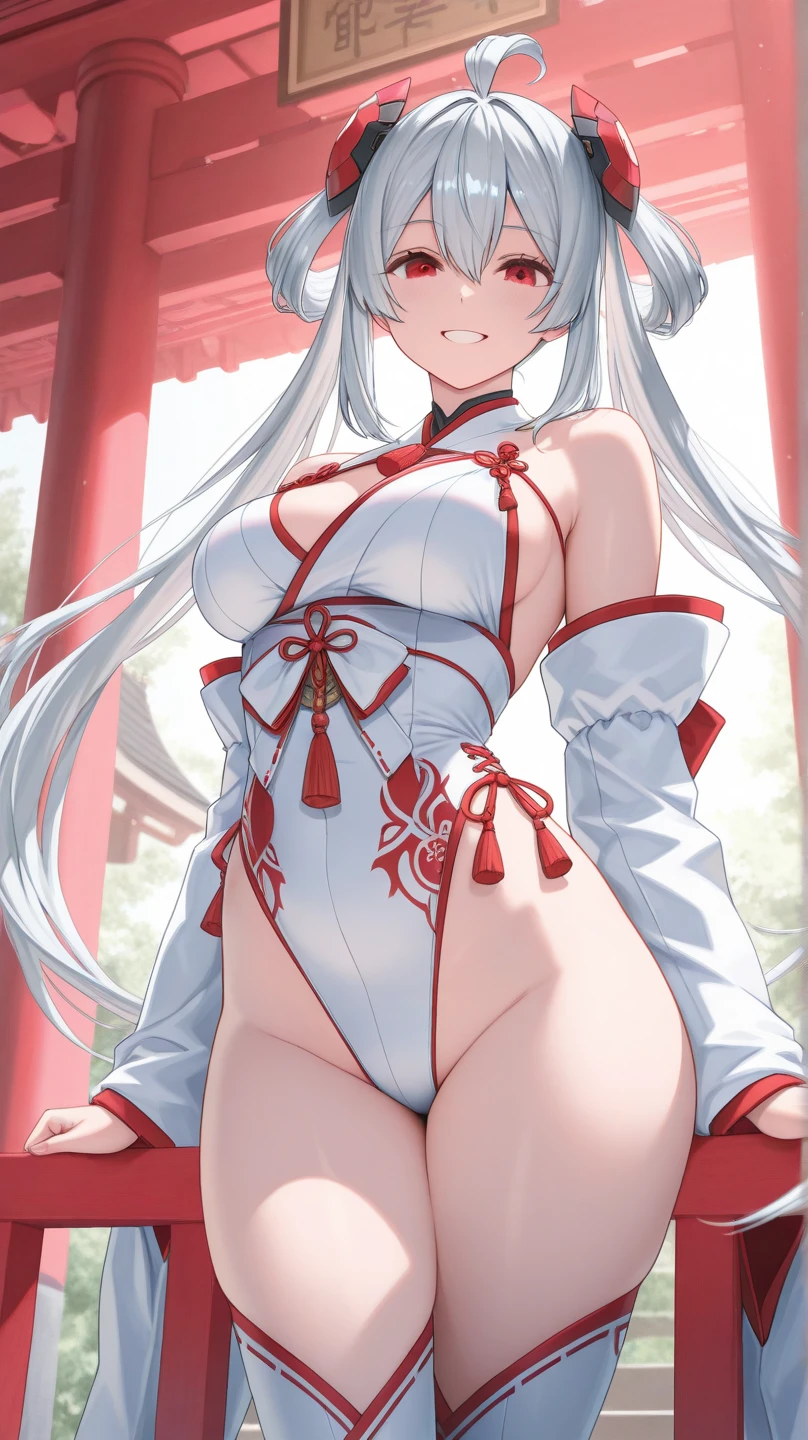 cabelo loiro, olhos laranjas mal humorados, de roupa estilo oriental vermelho chines, xianxia de corpo inteiro, com par de asas brancas angelicais, decote, expressao nervosa, peitos grandes, bunda grande, estilo cartoon