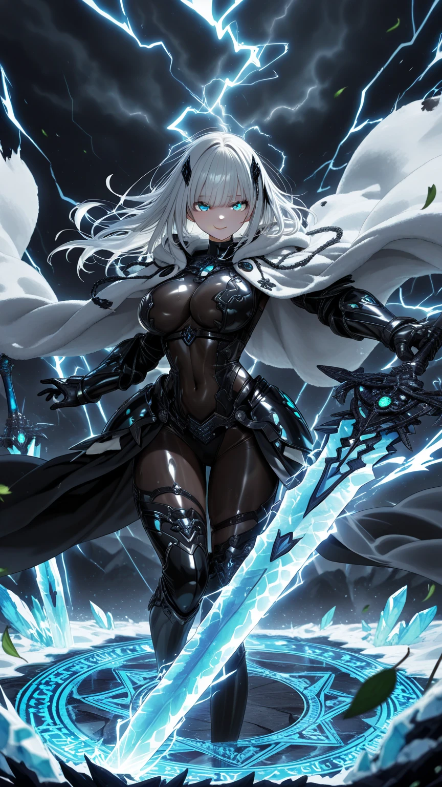 A mystical warrior woman with silver hair, green eyes, and black leather armor, one hand holds a glowing orb and the other a glistening silver sword, displaying demon wings
