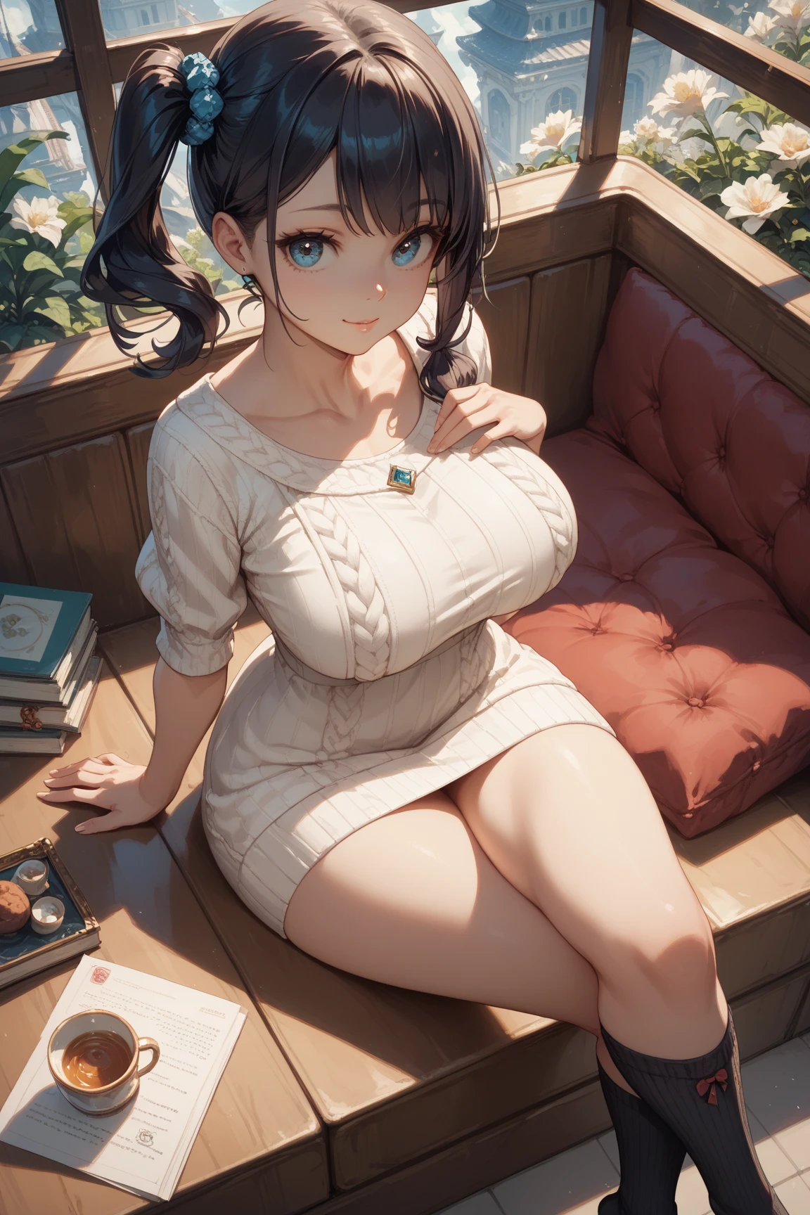(((Masterpiece))),(((Super Detail))),(((in 8K))),(((best composition))),(((Rim lighting,Fireglow effect,deep shadow))),solo,(Hatsune Miku:1.0),Beautiful fingers,Detailed finger features,(Detailed hair features:1.7),(Dynamic and sexy bending pose:1.3),detailed facial features,detailed clothes features, (perky chest:1.1), (pointed chest:1.3), delicate beautiful face, Bright blue eyes, cute eyes, sparkling eyes, Big eyes, beautiful detailed eyes,double bun with glittering hair ornament,(super detailed glossy skin:1.3),slender body,tits,goddess smile,((with sparkling eyes and a contagious smile)),beautiful posture,have a cup of coffee,black hair, red eyes, dress, bare shoulders, jewelry, collarbone, sidelocks, hairband, earrings, indoors, off shoulder, sweater, arms behind back, plant, short hair with long locks, white hairband, off-shoulder dress, sweater dress, off-shoulder sweater, red sweater, big side hair, very long side hair,(super delicate floral pattern:1.2),seductive cleavage:1.3,beautiful glossy legs,shiny red high heels,lifting dishes with cakesd,french restaurant,hustle and bustle,rising steam,(((depth of fields))) 