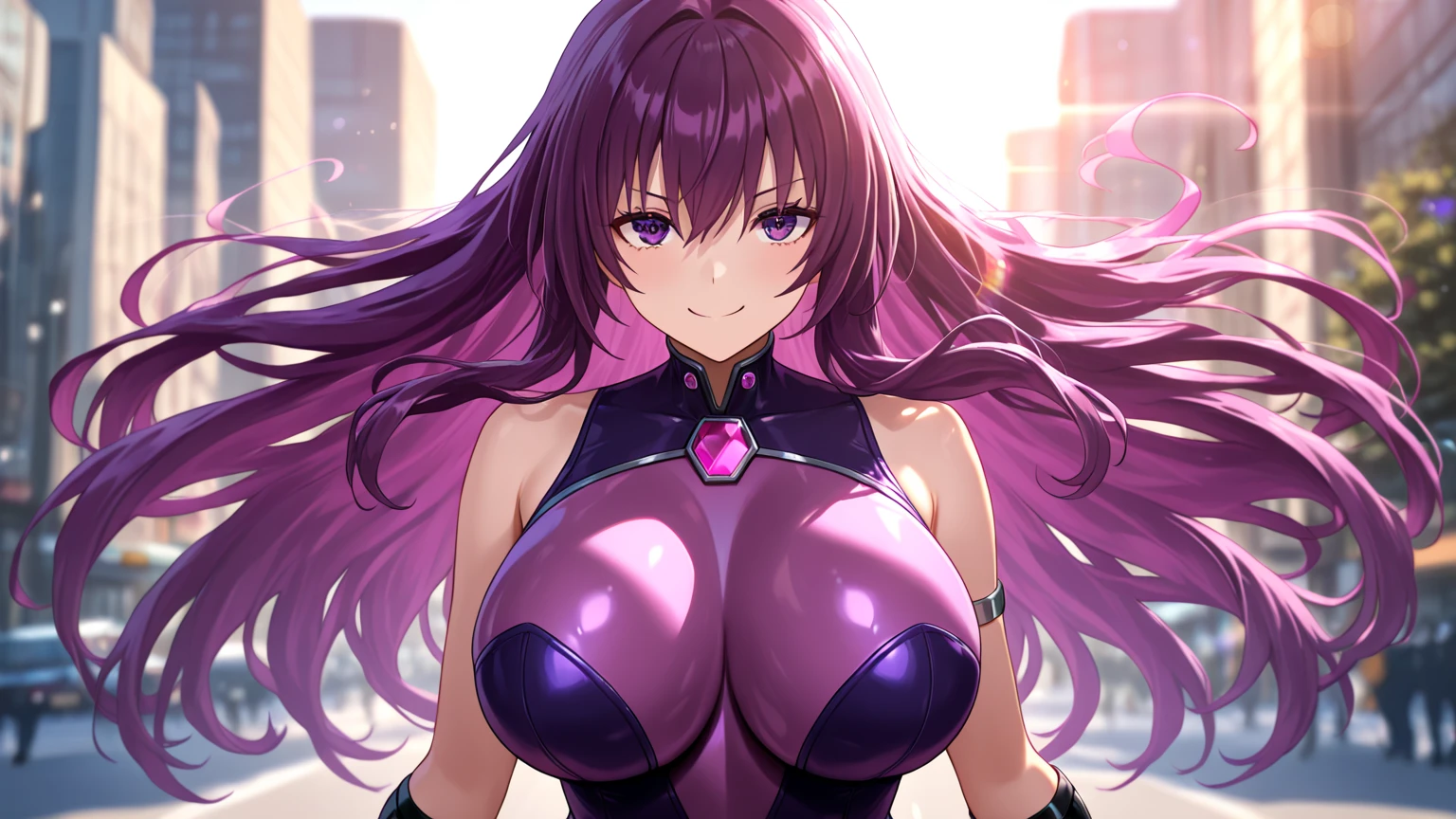 1girl (masterpiece, round_iris, extremely crisp crystalline shiny purple eyes, perfect_anatomy, extremely_captivating_hypnotic_mystic_eyes, ) perfect face, long pink hair, smiling evil, big breasts, gym, doing sport, dynamic pose, best quality, 4k