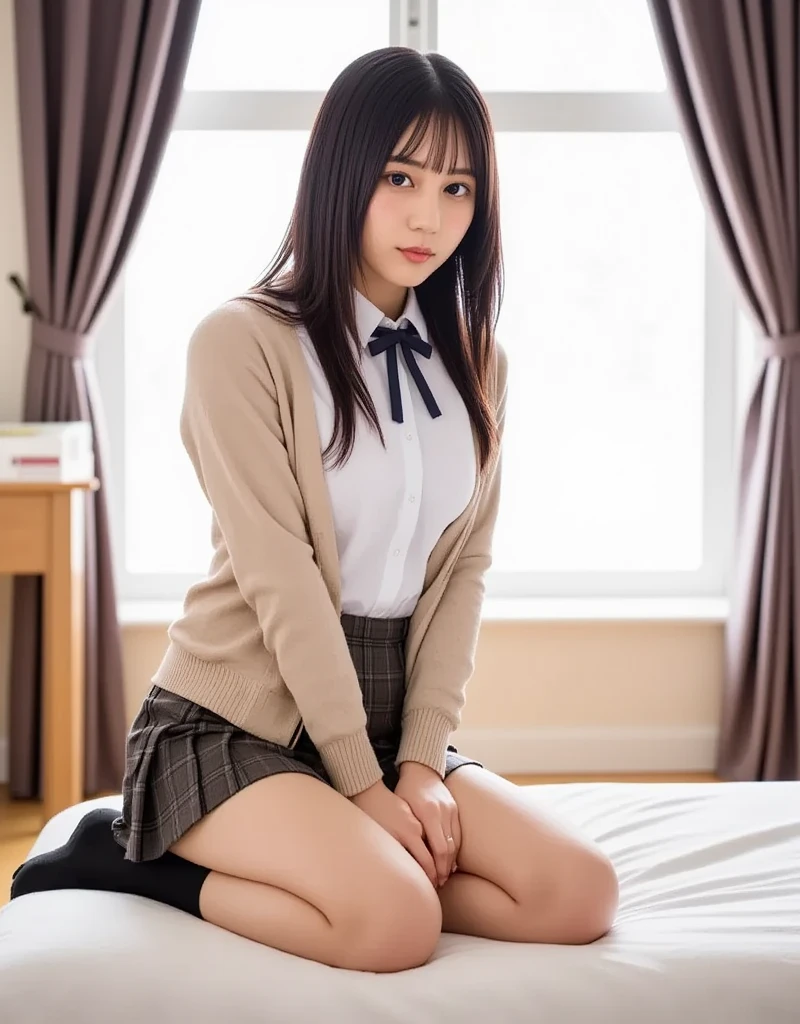 Japanese High School Uniform、Grey Skirt、Navy blue cardigan、Panties