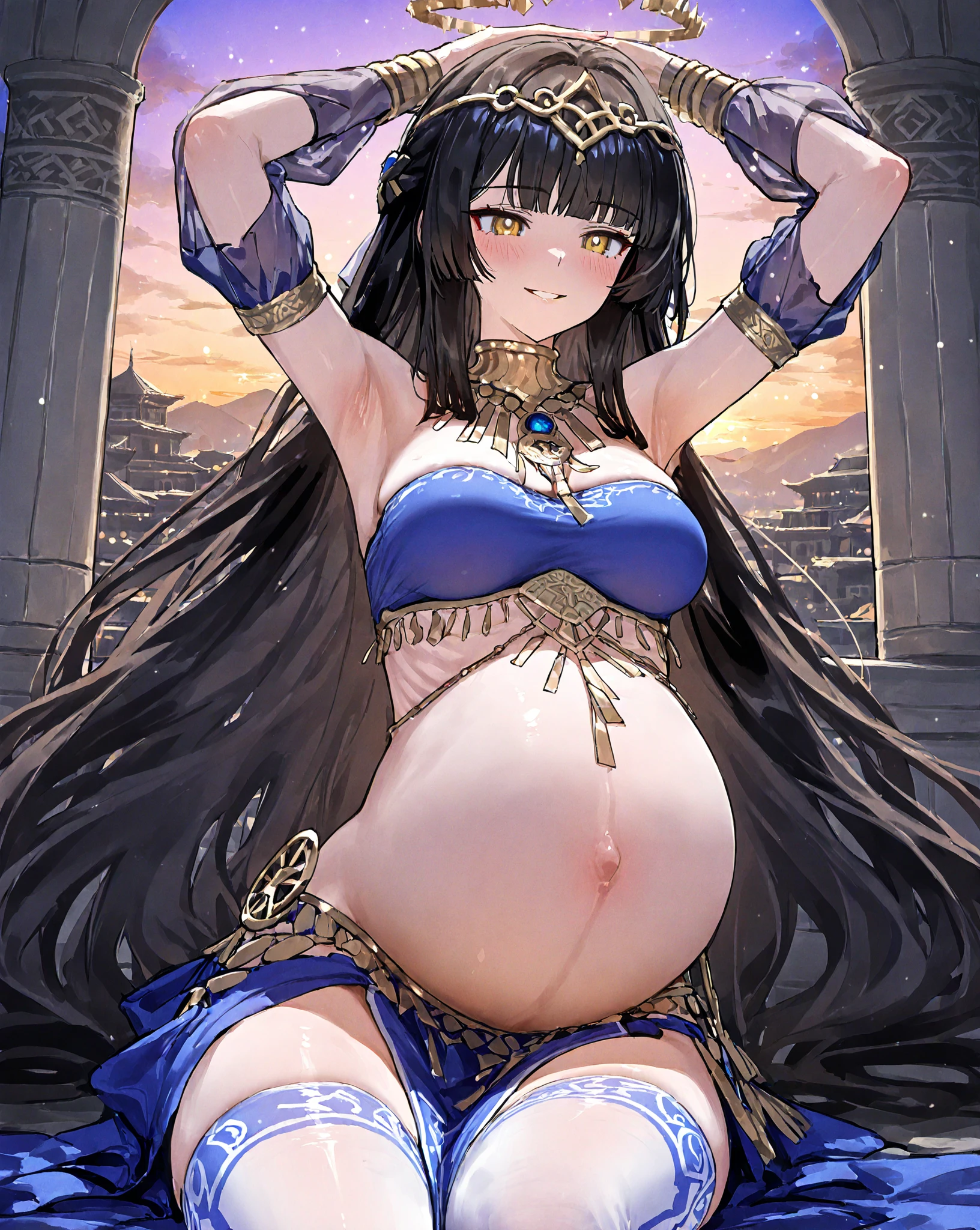 ((anime moe artstyle)),(((Masterpiece))), ((Best Quality)), ((Super Detail)), (Illustration), (((Very Delicate and Beautiful))),Dynamic Angle,Looking at viewer,((((Solo)))),((1 arrogant lady)),(((an arrogant beautiful fantasy pregnant empress))),(((Full body))),Standing,royal elegant pose,((dominant pose)),(arrogant),((haughty smile)),Purple eyes,(Sharp eyes),Detailed Face, Long Eyelashes,(Jet Black Hair),(Straight Hair),(((Very Long Hair))),Bangs between eyes, ((((gigantic breasts)))),cleavage,(skindentation),curvy,(ball gown with gorgeous embroidered black and gold ruffles),(gorgeous embroidered black and gold ball gown),(fluffy Black and gold ballgown with gorgeous embroidery),corset,((hoop skirt)),princess dress with lots of jewels,((gorgeous embroidery)),(gold trim),((crinoline)),opera gloves,finely decorated jeweled tiara, gem earrings,finely decorated necklace,Beautifully jeweled ornaments,indoor,royal ballroom,light particles,(heavily pregnant),(last month of pregnancy),(((((multiple pregnancy)))))