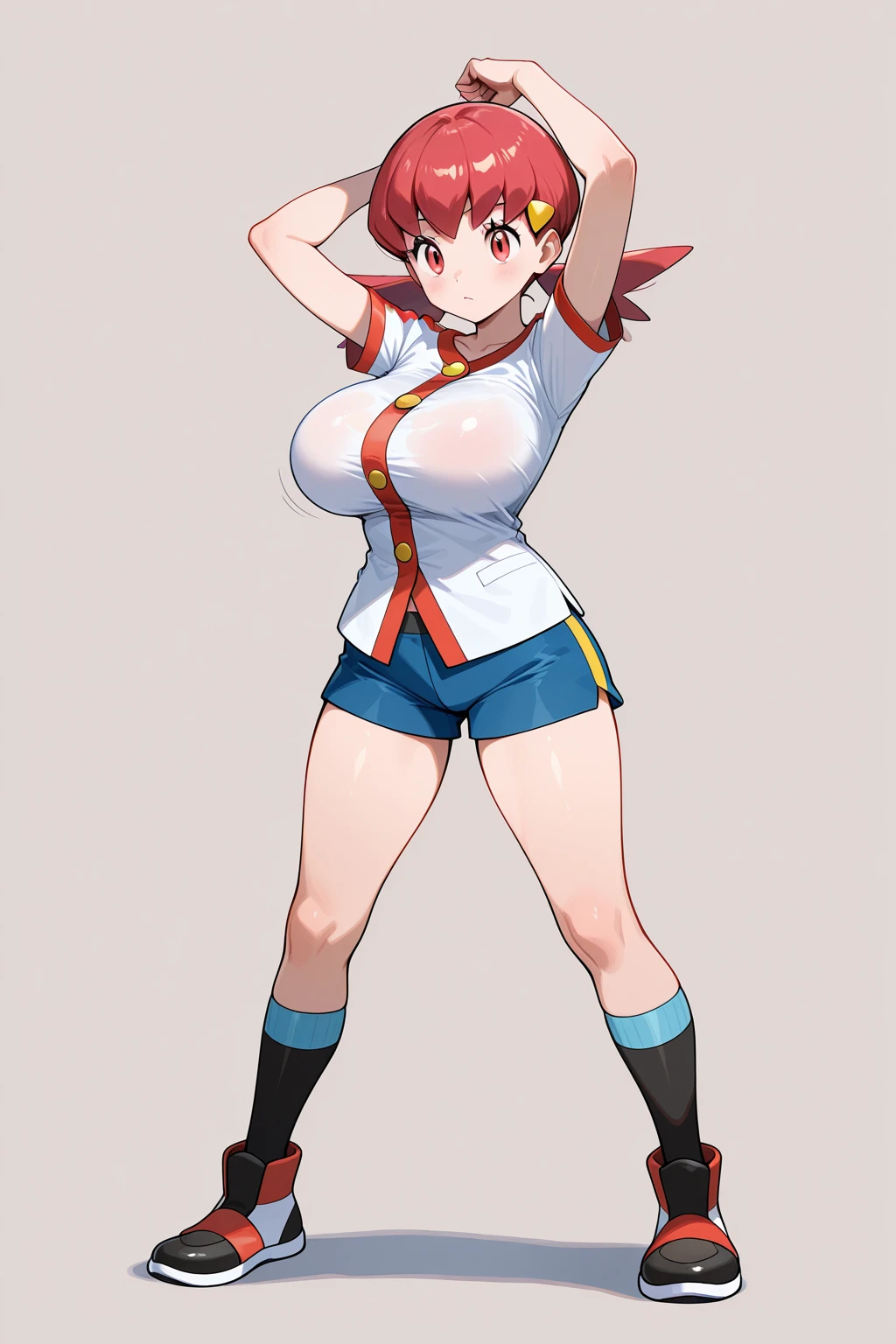 masterpiece, best quality, defwhitney, hair ornament, white shirt, short sleeves, blue shorts, wristband, large breasts, upper body, field, sky, clouds, looking at viewer, :D, hands to hips