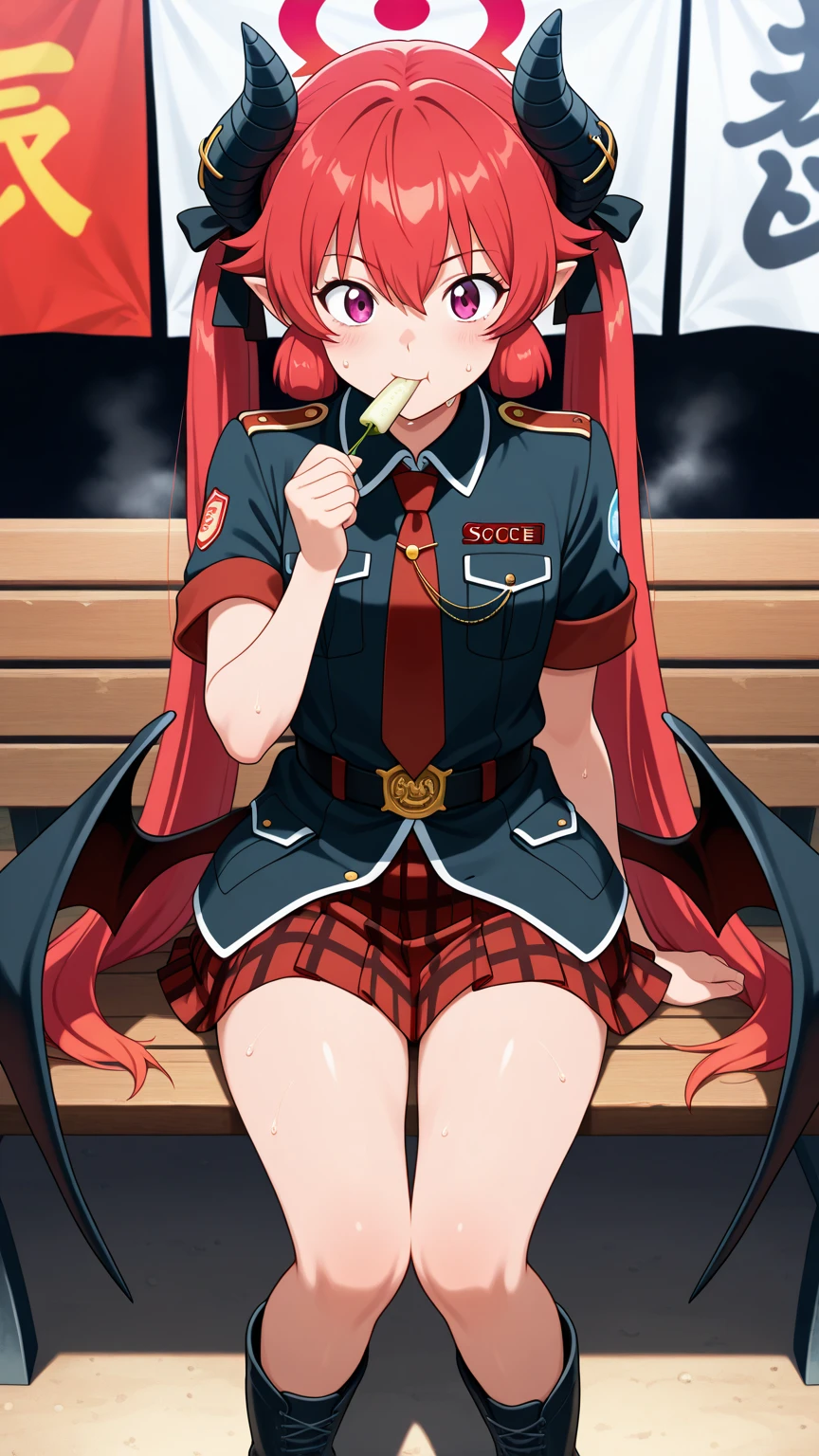 masterpiece, best quality, highres, 1girl, solo, red hair, long hair, ahoge, green eyes, medium breasts, bare shoulders, black necktie, white shirt, detached sleeves, long sleeves, armband, white gloves, belt, black skirt, <lora:rusalka_schwagerin_v1:0.6>, street, table, sitting, food, eating, outdoors, open mouth,