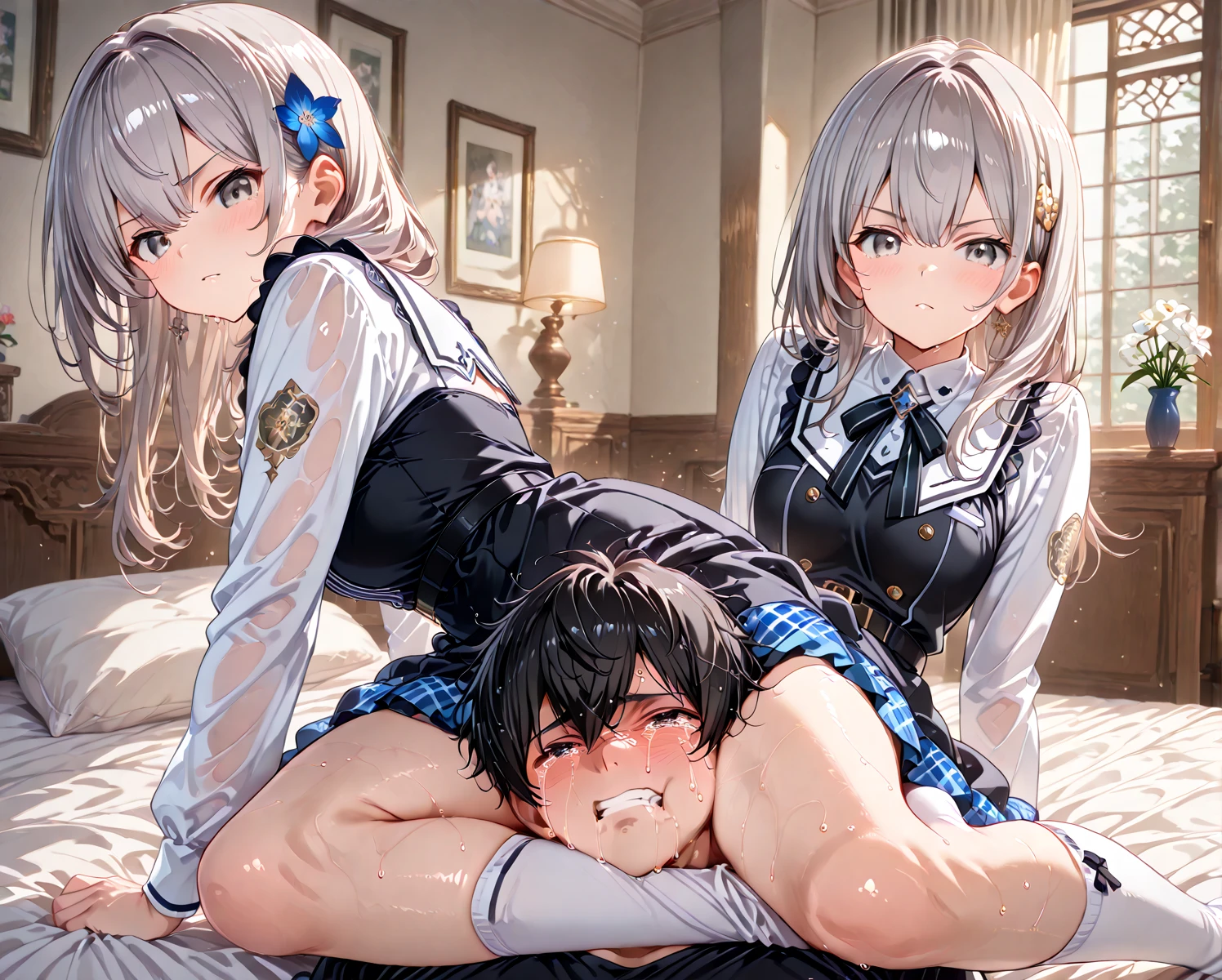 {{{masterpiece}}}, {{{best quality}}}, {{ultra-detailed}}, {illustration}, {{an extremely delicate and beautiful}}, (beautiful detailed eyes:1.6), extremely detailed face, 16k, anime face, fgogray, gray(Fate Grand Order), cute face, blue eyes, short hair, grey hair, ahoge, hair bun, hair ribbon, ribbon, medium breasts, thin waist, big hips, curvaceous,
BREAK hair bun, hair ribbon, ribbon, black cape, black footwear, black ribbon, black shirt, black thighhighs, cape, grey skirt, hood, long sleeves, miniskirt, plaid, plaid skirt, pleated skirt, ribbon, shirt, skirt, solo, thighhighs, zettai ryouiki,
BREAK NSFW, (SEX:1.5),{{{penis into pussy}}}, group sex, 1girl, spitroast, multiple boys,(fellatio:1.5), Implied Fellatio, open mouth, oral, penis, erection, nipples, hetero, mmf threesome, threesome, sex, breasts, nude, taking off clothes, open clothes, Open shirt, breasts, nipples, lift up skirt, double penetration, 2boys, ass grab, ass, doggystyle, sex from behind, multiple penises, testicles, rape, testicles, blush, kneeling, catch head, Spit Roast, Threesome Sex, {{open vagina, spread pussy, pussy, clitoris, urethra, uterus, smooth pussy}}, swallow, open mouth, on bed, M-shaped spread legs, open the thighs, uncensored, hetero, Handsome young man, muscular man,{multiple boys}, big penis,{{{double penetration}}}, testicles, multiple penises, double penetration, spitroast, male body, man's lower bod