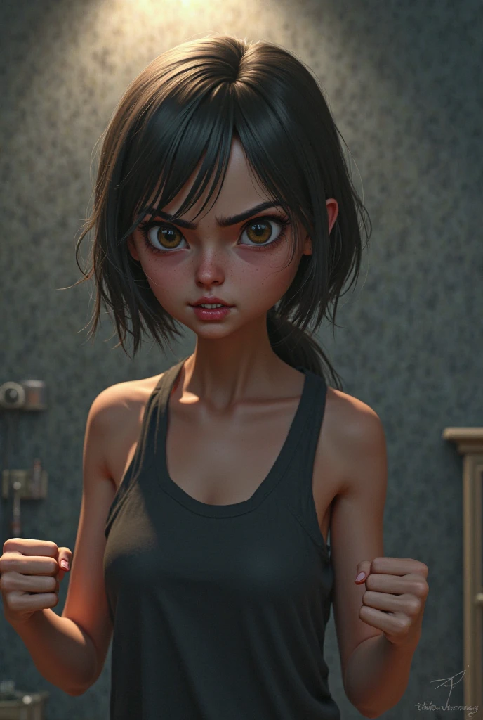 Dafne Keen as X-23, slim athletic body, Ultrarealistic, beautiful face, young face, beautiful eyes, beautiful lips, flat chested; cinematic lighting, dark mood, soft light on Dafne Keen; "Laura battles with her inner demons, struggling to control her rage and come to terms with her identity as a weapon."