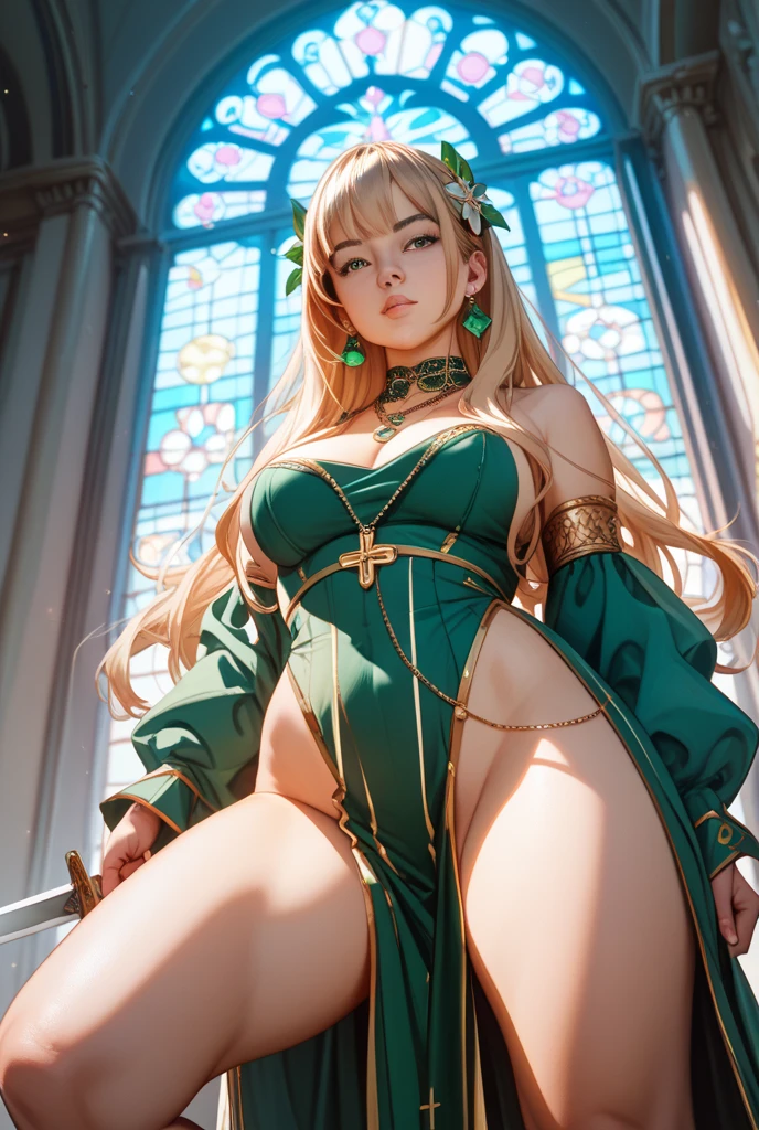 masutepiece, Best Quality, the Extremely Detailed CG Unity 8K Wallpapers, Beauty Priestess Costume, Long dark blonde wavy hair、gorgeous dress、Gorgeous one-piece flared skirt、Luxurious hair ornaments、Medium milk, Puffy nipple、cute smile face、Bare shoulders、sexy hips、high-heels、Luxurious magic wand and book、Church of the castle、sexy pose、(Poses that emphasize the buttocks)、Emphasis on the chest