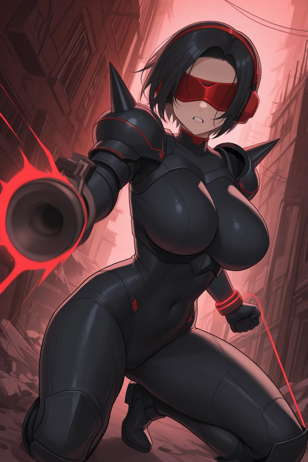 ultra-detailed, Explicit, Beautiful body, Beautiful Nose, Beautiful character design, perfect eyes, perfect face, ultra highres, 4K, beautiful legs, perfect legs, Nice hands, Perfect hand, Masterpiece, Best Quality, Highly detailed, illustration, absurdres, perfect anatomy, street fighter, doll suit, shadaloo doll, dollsuit, expressionless, blank eyes, looking at viewer, red gloves, emotionless, black latex, corruption, mind control, female combatant, full body, hypnotized, unhappy trance, full body suit, ribbed bodysuit, both arms at side, obey, perfect female body, extremely glossy latex, hypnosis, hypnoLora, empty eyes, Mind control device, poses, submissive_pose, Slave, standing straight, standing, standing at attention, hat, necktie, belt, latex, ribbed bodysuit, thigh Highs, garter belt, Fighting Stance, extending the right arm from the shoulder into the air with a straightened hand, military, thigh boots, black pantyhose, collar, (((pixel-perfect, detail-perfect))), solo, 1girl, hair ornaments, RIPPERNORMAL, PURPLE HAIR,SHORT HAIR,MULTICOLORED HAIR, ,RED EYES,HEAD-MOUNTED DISPLAY, (TINTED EYEWEAR:1.2), apocalyptic background, multiple girls, battle, crowd, blood splatter, fleeing, grabbing, (((running, foreshortening, attack, fighting, holding weapon)))