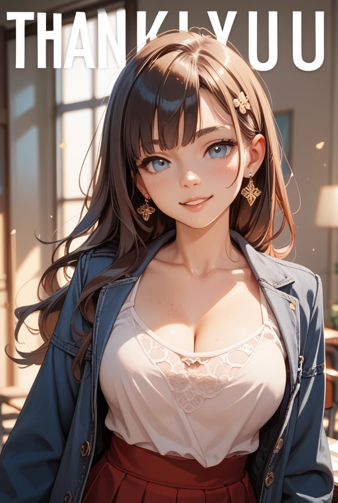 (masterpiece:1.2, highest quality), (realistic, photorealistic:1.4), beautiful illustrations, (natural side lighting, cinema lighting),
view your audience, cowboy shot, front view:0.6, 1 girl, japanese, high school girl, perfect face, cute and symmetrical face, shiny skin,
(long hair:1.8, drill hair:1.7, dark brown hair), hair between the eyes, emerald green eyes, long eyelashes, (large breasts:0.9, thick thighs),
beautiful hair, beautiful face, beautiful attention to detail, beautiful clavicle, beautiful body, beautiful breasts, beautiful thighs, beautiful legs, beautiful fingers,
((light blue sleeveless collared shirt, cleavage, black tight mini skirt, high heels)), pink panties,
(beautiful views), evening, riverside, walking, please place your hand on your chest, (cute smile, upward glance),