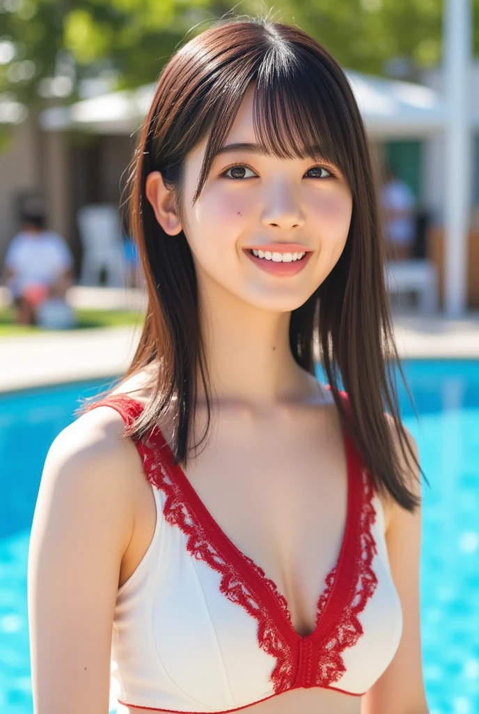 Cute Japanese woman who looks a bit mature, smile, inorganic Snow White, natural skin, cute, expressionless, well-formed long straight hair, well-formed bangs, young girl, young face, short height, swimsuit, small breasts, natural skin texture, upright posture