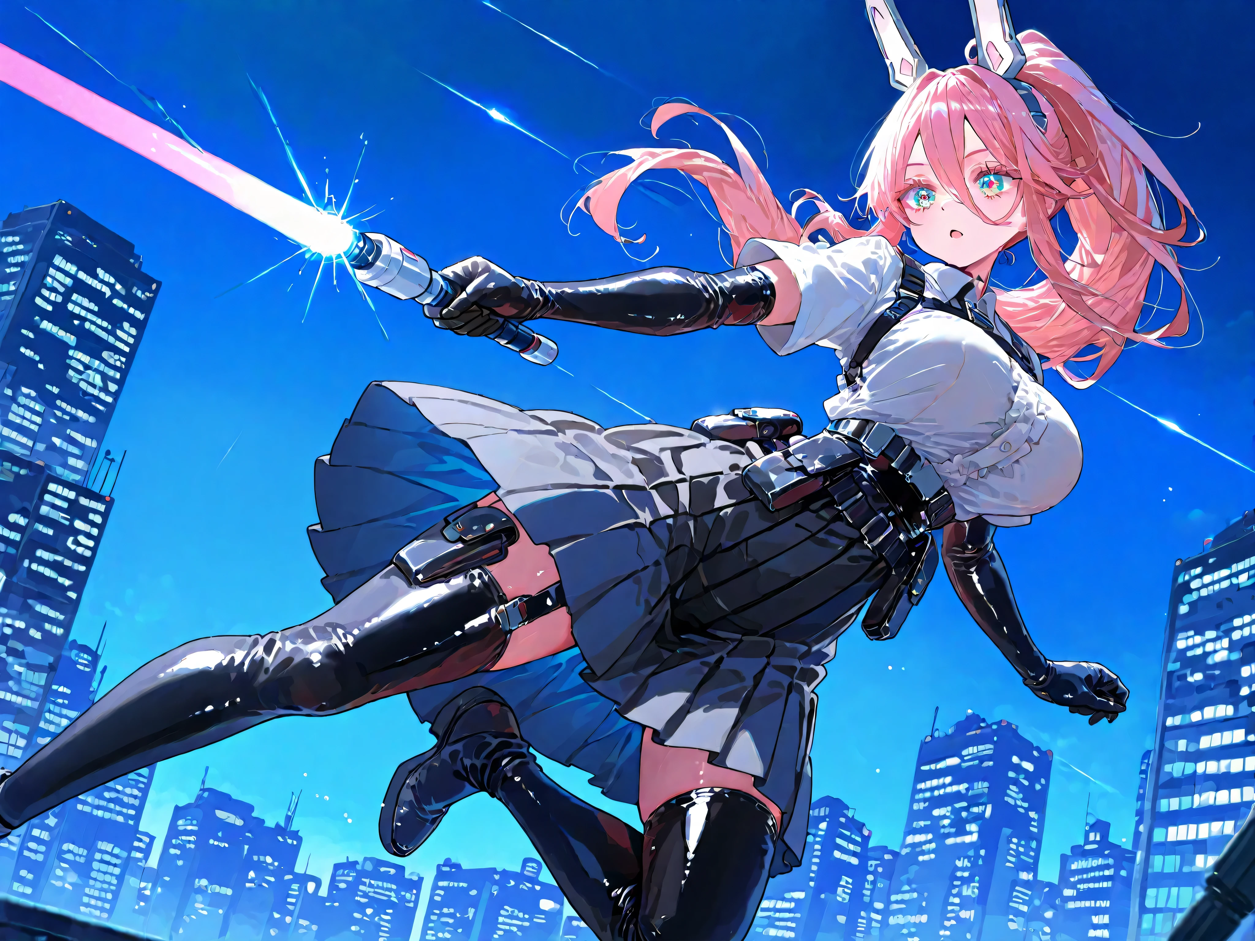 1 girl 黒い髪 voluminous ponytail hair Cool Gaze Voluminous Lashes Black pleated long skirt white blouse (Black mechanical bunny girl ear) black latex long gloves beam saber Sword of Light military harness bullet pouch Night Building Background Cyberpunk Atmosphere Blue Color Palette cute High Definition masterpiece big boobs Composition of jumping in the air