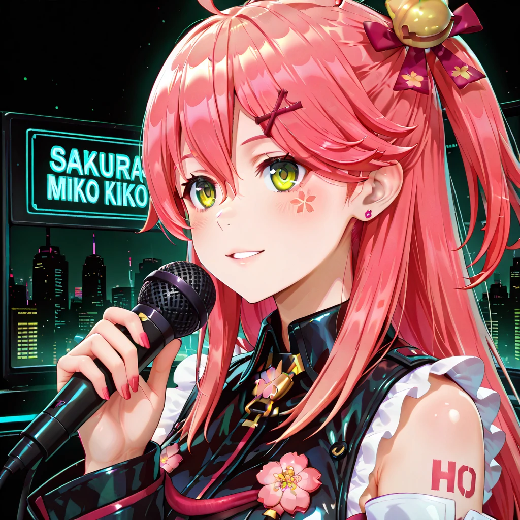 Cyberpunk Background, 
"Sakura Miko" holding a microphone,Full body depiction