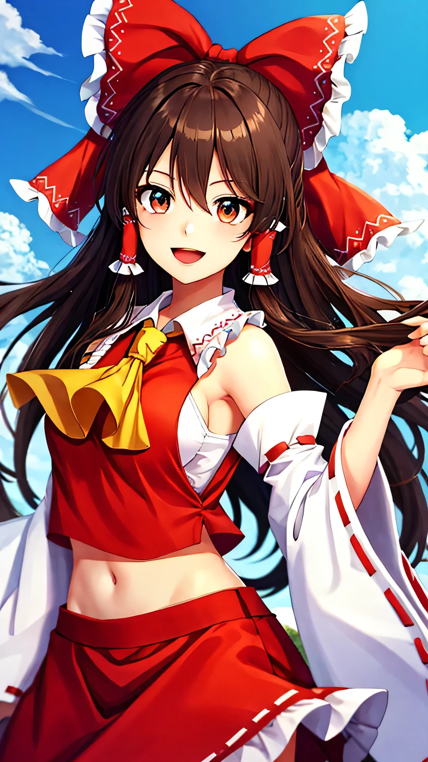 {{{masterpiece}}}, (best quality:1.5), (ultra-detailed:1.5), {illustration}, {{an extremely delicate and beautiful}}, (beautiful detailed eyes:1.5), absurdres, highres, extremely detailed face, 16k, hd, visual anime de uma jovem mulher, extremamente bonito rosto de anime, anime melhor garota, (perfect hands, perfect anatomy), anime face, hakurei reimu(Touhou), hakurei_reimu_touhou, 1girl, solo, cute face, long hair, brown hair, hair between eyes, red hair bow, sidelocks, hair tubes, (brown eyes:1.3), medium breasts, big hips, curvaceous, BREAK, miko, red shirt, white collar, yellow ascot, sideboob, detached sleeves, wide sleeves, white sleeves, ribbon-trimmed sleeves, red skirt, (long skirt:1.3), frilled skirt, white frills, white socks, black shoes, BREAK, 1girl, solo, smile, open mouth, beautiful anime girl, beautiful art style, close up of breasts, Looking at Viewer, perfect body, outdoor, sky, daytime, shinto shrine, sun, (bust shot:1.3), looking at viewer, dance, rotate, fluttering clothes