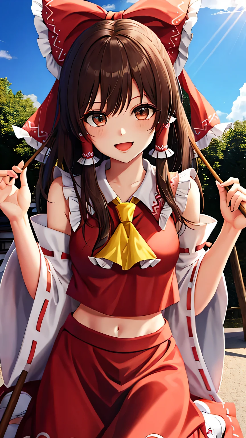 {{{masterpiece}}}, (best quality:1.5), (ultra-detailed:1.5), {illustration}, {{an extremely delicate and beautiful}}, (beautiful detailed eyes:1.5), absurdres, highres, extremely detailed face, 16k, hd, visual anime de uma jovem mulher, extremamente bonito rosto de anime, anime melhor garota, (perfect hands, perfect anatomy), anime face, hakurei reimu(Touhou), hakurei_reimu_touhou, 1girl, solo, cute face, long hair, brown hair, hair between eyes, red hair bow, sidelocks, hair tubes, (brown eyes:1.3), medium breasts, big hips, curvaceous, BREAK, miko, red shirt, white collar, yellow ascot, sideboob, detached sleeves, wide sleeves, white sleeves, ribbon-trimmed sleeves, red skirt, (long skirt:1.3), frilled skirt, white frills, white socks, black shoes, BREAK, 1girl, solo, smile, open mouth, beautiful anime girl, beautiful art style, Looking at Viewer, perfect body, outdoor, sky, daytime, (jinzya:1.5), sun, (bust shot:1.3), looking at viewer, dance, rotate, fluttering clothes