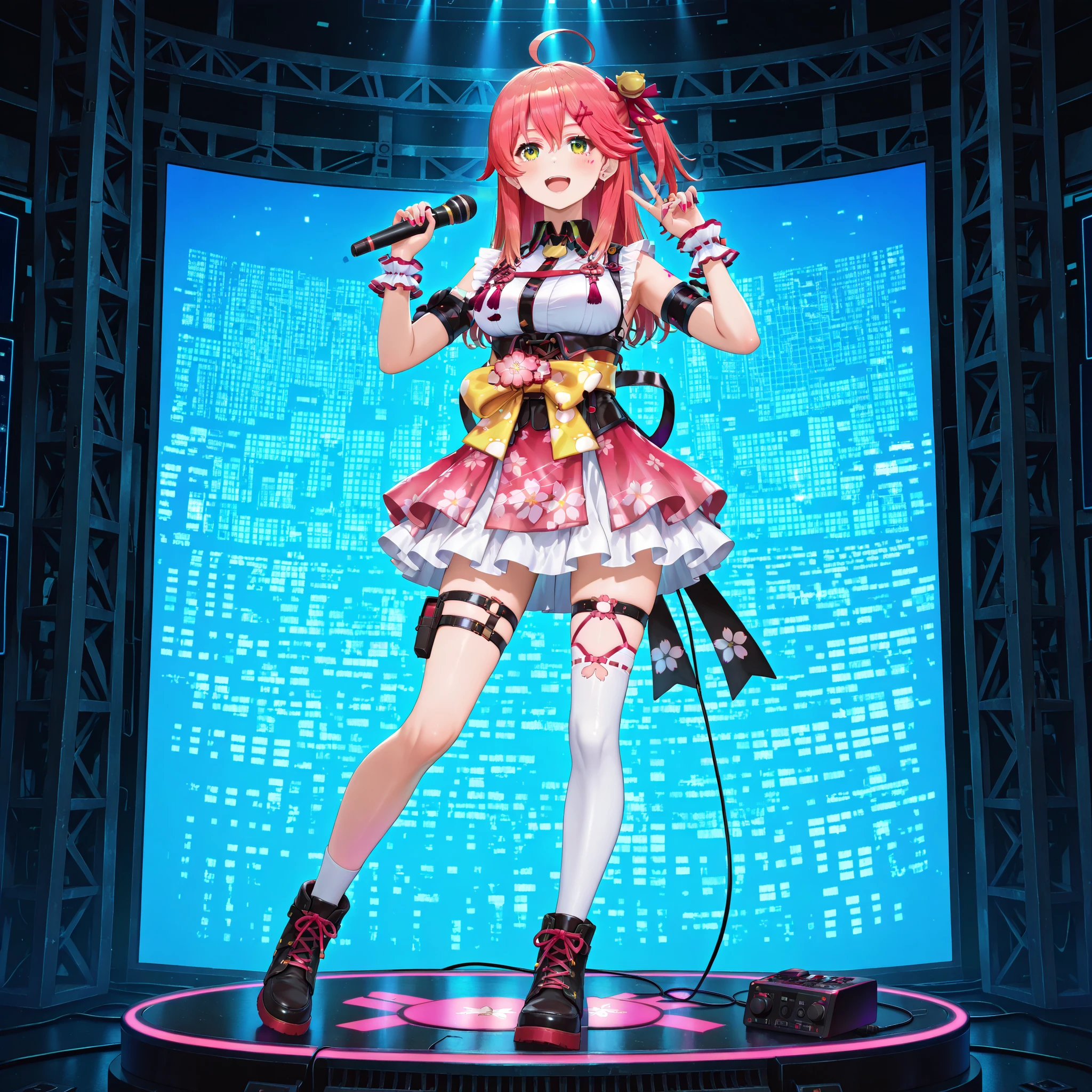 Cyberpunk Background, 
"Sakura Miko" holding a microphone,Full body depiction
