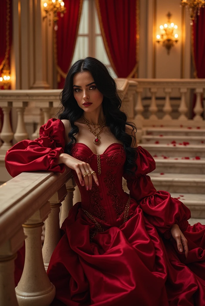 Close up, sitting on a throne. A beautiful woman of House Targaryen, fine feature, sharp gaze, long hair, black hair, lime-green highlights, messy braid, show forehead, queen gold crown, pearl necklace, rococo fashion, tied top, corset, long sleeves, dark red clothes. Outdoors, sky, sunlight, castle room, Christmas tree, gothic architecture. ((Masterpiece, Best Quality, Highest Image Quality, High Resolution, Photorealism, RAW Photos, 8k)),