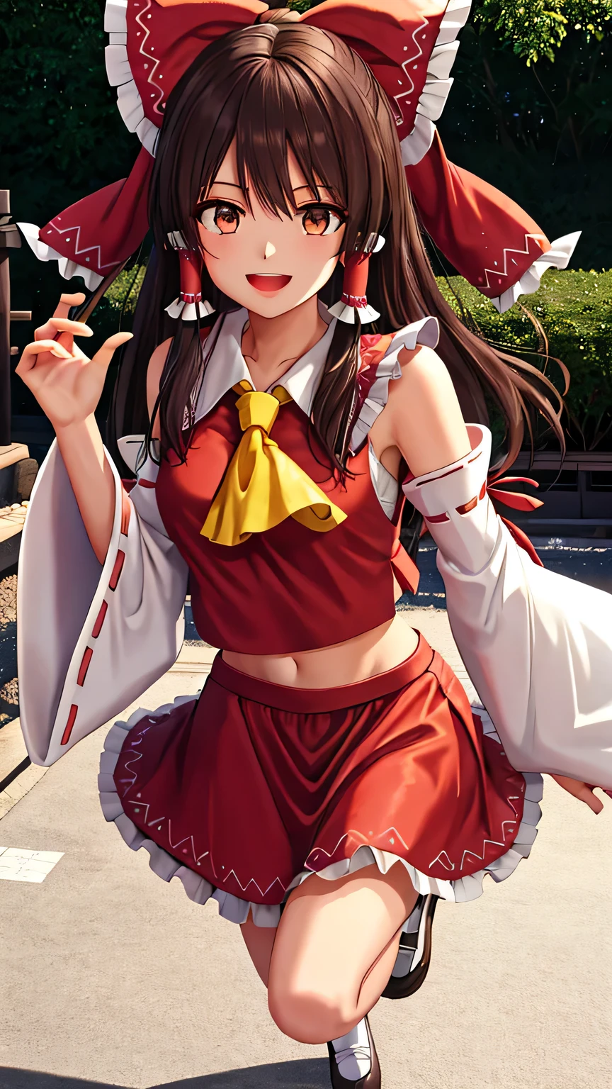 {{{masterpiece}}}, (best quality:1.5), (ultra-detailed:1.5), {illustration}, {{an extremely delicate and beautiful}}, (beautiful detailed eyes:1.5), absurdres, highres, extremely detailed face, 16k, hd, visual anime de uma jovem mulher, extremamente bonito rosto de anime, anime melhor garota, (perfect hands, perfect anatomy), anime face, hakurei reimu(Touhou), hakurei_reimu_touhou, 1girl, solo, cute face, long hair, brown hair, hair between eyes, red hair bow, sidelocks, hair tubes, (brown eyes:1.3), medium breasts, big hips, curvaceous, BREAK, miko, red shirt, white collar, yellow ascot, sideboob, detached sleeves, wide sleeves, white sleeves, ribbon-trimmed sleeves, red skirt, (long skirt:1.3), frilled skirt, white frills, white socks, black shoes, BREAK, 1girl, solo, smile, open mouth, beautiful anime girl, beautiful art style, Looking at Viewer, perfect body, outdoor, sky, daytime, (jinzya:1.5), sun, (bust shot:1.3), looking at viewer, dance, rotate, fluttering clothes