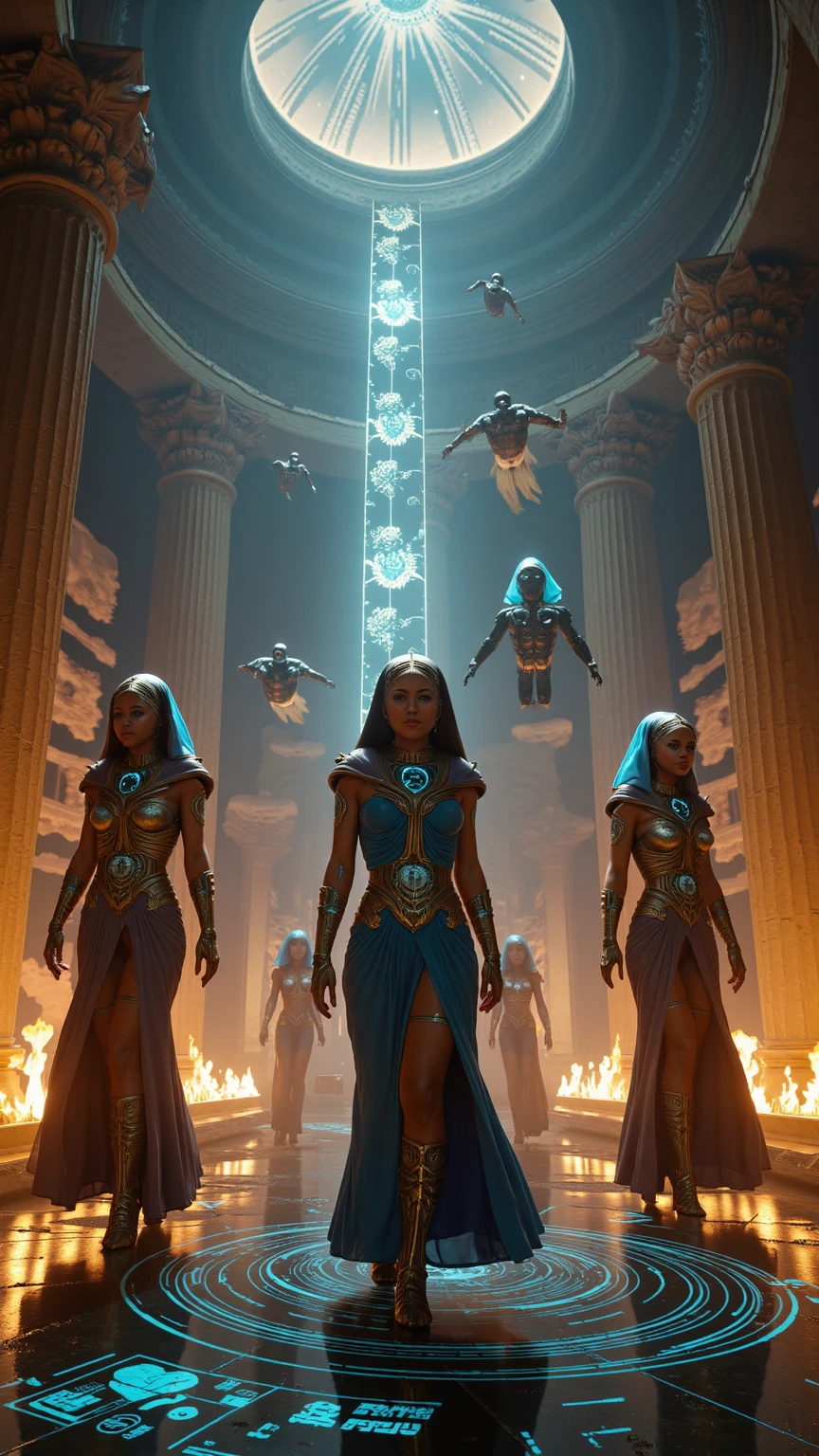 dxhr style <lora:dxhr_v2:1> , cover art, concept art, detailed stone statue of medieval women warrior queens, on podium displays, glass cases, museum statue room exhibit, dark moody lighting, multicolored LED light strips encircling the statue, light strips glowing on statue, crowded museum