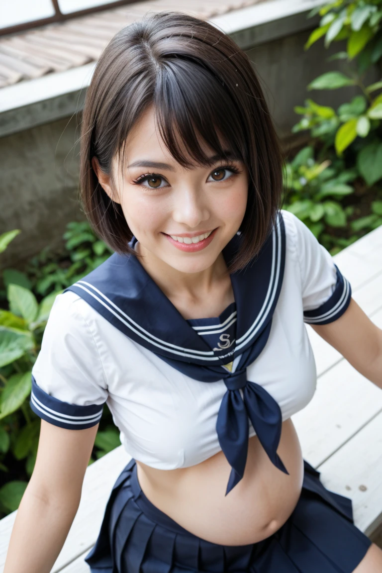 bob-haired sexy nude beautiful Japanese girl with round eyes wearing sailor suit, lower-body nude, smiling, pussy, spreading her two legs, realistic skin texture, big boob, clitoris