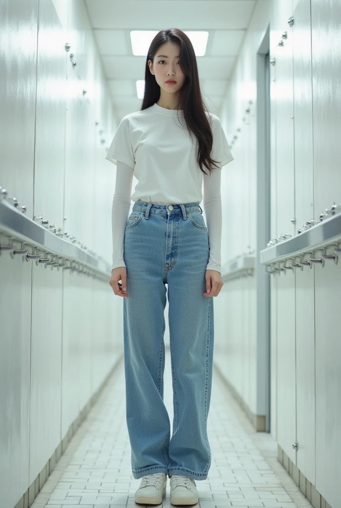 Girls on the court,22 years old,Realistically,She wears jeans,Wearing a women's suit,Brown hair。Holding a badminton racket