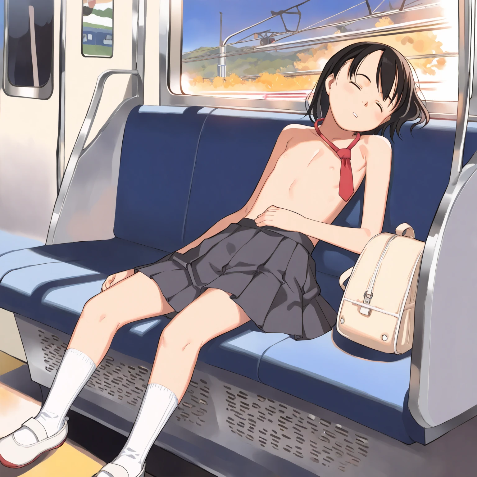 A girl is standing on a train, crying and in disgust. She is topless, wearing no underwear, wearing a checked skirt, her nipples are erect, she has short bob black hair, small breasts, and pale pubic hair. A molester stands facing her and forcibly puts his arm around her shoulders, lifts one of her legs, and inserts his penis into her vagina.