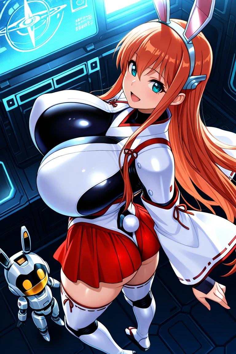 3dCG concept art,A depiction of a futuristic robotic idol.The girl is very cute,Red hair with red twin tails,Wearing a red and white robot-like barrette on his head,It has very cute red eyes,From the neck down All mechanical girls 、Wearing cute and luxurious idol costumes with frills,Her frilly shorts are visible from under her skirt.The machine-made breasts are slightly larger, creating cleavage.It emphasizes the cleavage of the machine.The limbs are exposed mechanically,she Devotedly responding to the cheers of the audience,She is exciting the arena with her cute and dynamic poses.Dynamic pose with microphone in one hand,The background of the live stage is full of futuristic vibes, with many monitors and the audience waving their hands.Bold cowboy shots showing off their shorts to the camera,The cuteness of a girl's face and the beauty of her skin,Realistic representation of the mecha,The texture and cuteness of the costumes,A scene from the live stage.High quality, high image quality,Masterpiece, best quality, 4k, 8k,Ultra detail,Ultra-fine painting, dramatic lighting, physically based rendering, vivid colors, professional photography,