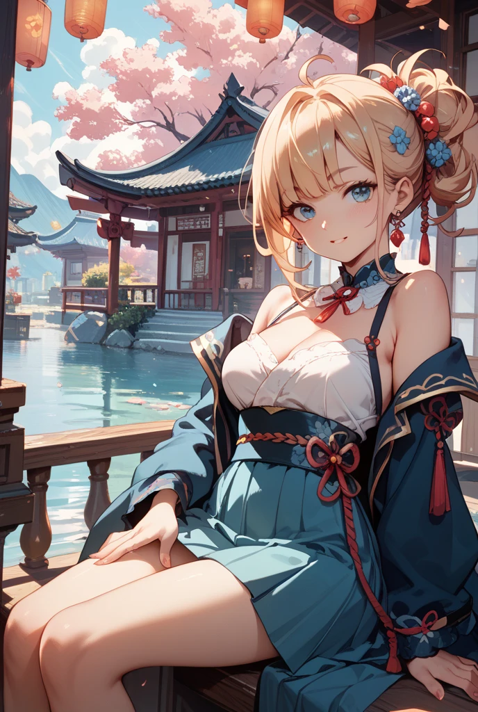 (((masterpiece: 1.5, best quality: 1.2, high resolution, super resolution, ultra detailed: 1.3, rich background: 1.4))), (close up), (1girl), solo, green eyes, blonde long hair tied with blue ribbon, hair ornament, blunt bangs, smiling, highschool girl, big breast, ((cleavage)), ((thighs)), ((sitting)), japanese clothes, (blue short pattern kimono), sandals, ribbon, obi, ((outdoor)), cherry blossom, (torii gate), stone staircase, sky (afternoon), cherry blossoms fall, ((dramatic light: 1.3)), cloudy, (fuji scenery behind)