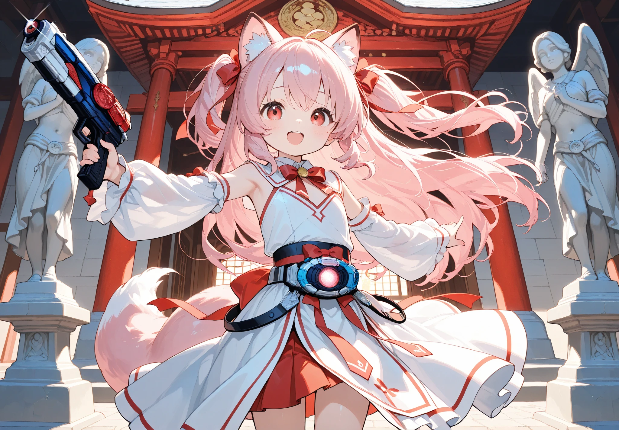 1 little girl, small breast, loli, cute, kawaii, shrine maiden, long white hair with pink highlights, heterochromia, blue eye on left eye, pink eye on left eye, wearing black and red miko dress, fox ears, fluffy white tail, holding a bow, japanese shrine, cherry blossoms, high res, ultrasharp, anime art wallpaper 4k, masterpiece, turned around looking back at viewer