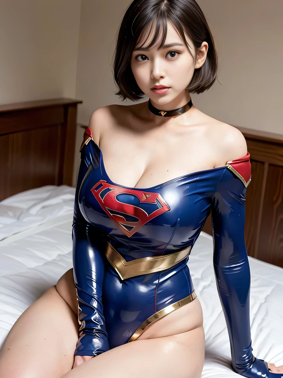 masterpiece、Rubber Supergirl Costume、Short Hair、On a hospital bed、Nymphomaniac、Big and ample breasts、looking at the camera、Shiny、Off the shoulder、choker、Long sleeve、exy poses to seduce、Sweaty skin、Model body type、charm、Enchanting、Abused、test subject、victim、Wild、Photorealistic、Gorgeous bare legs、Expose your belly、athlete、High leg leotard、Photo magazine cover、Cape、Glamorous cleavage、barefoot、Young wife in her 30s、Close-up shot from the front、