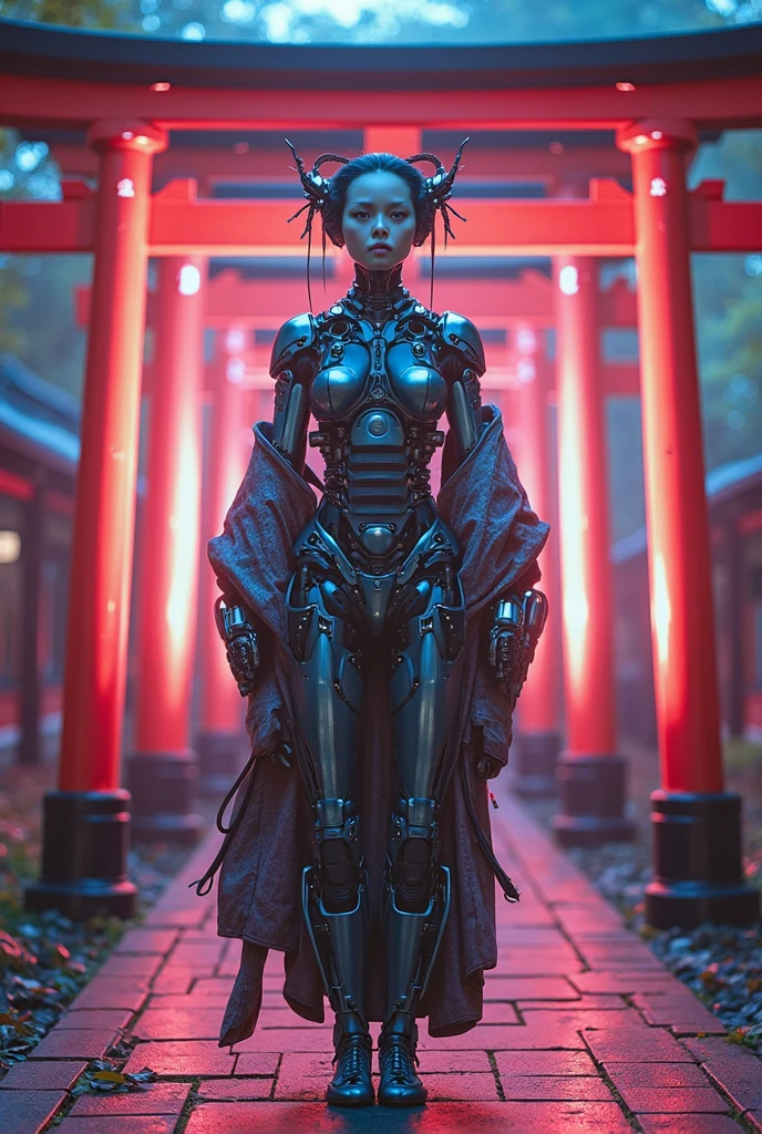 Dystopian night scene, hydraulic cylinders, very intricate details, Japanese woman in skeleton-like armor, beautiful face, legs, poses in motion, super realism, realistic photography, taken with Fuji film X-T30+Nokton. HDR10