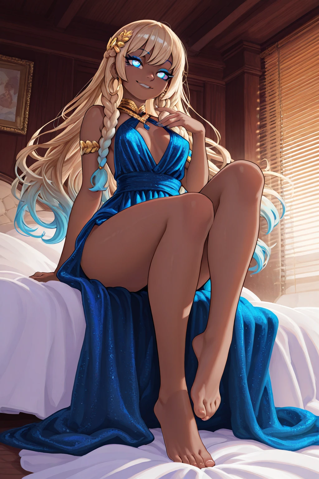(A genie, very closely resembling Paris Hilton (age 25) dressed in flamboyant alluring clothing(lots of colorful silk, thin billowing silk)), is lounging around a modern modest apartment, flirting