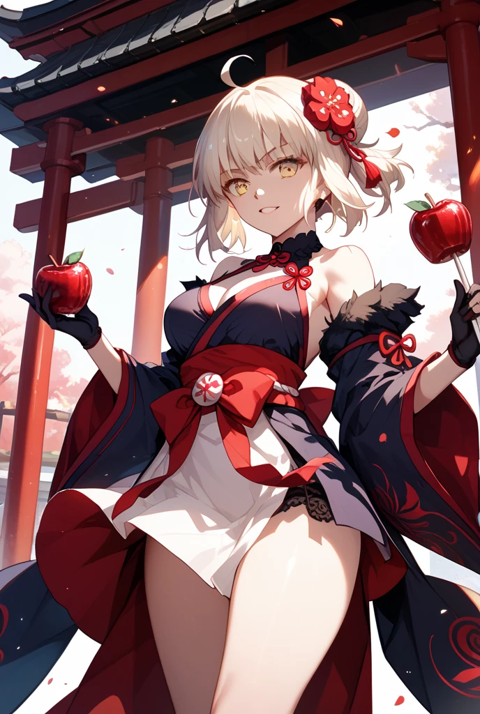 1girl, White hair, red color eyes, Sit under a peach blossom tree,A night with a bright moon, photorealestic, Black coat with red pattern, (onsen), sidelighting, wallpaper, nsfw,
