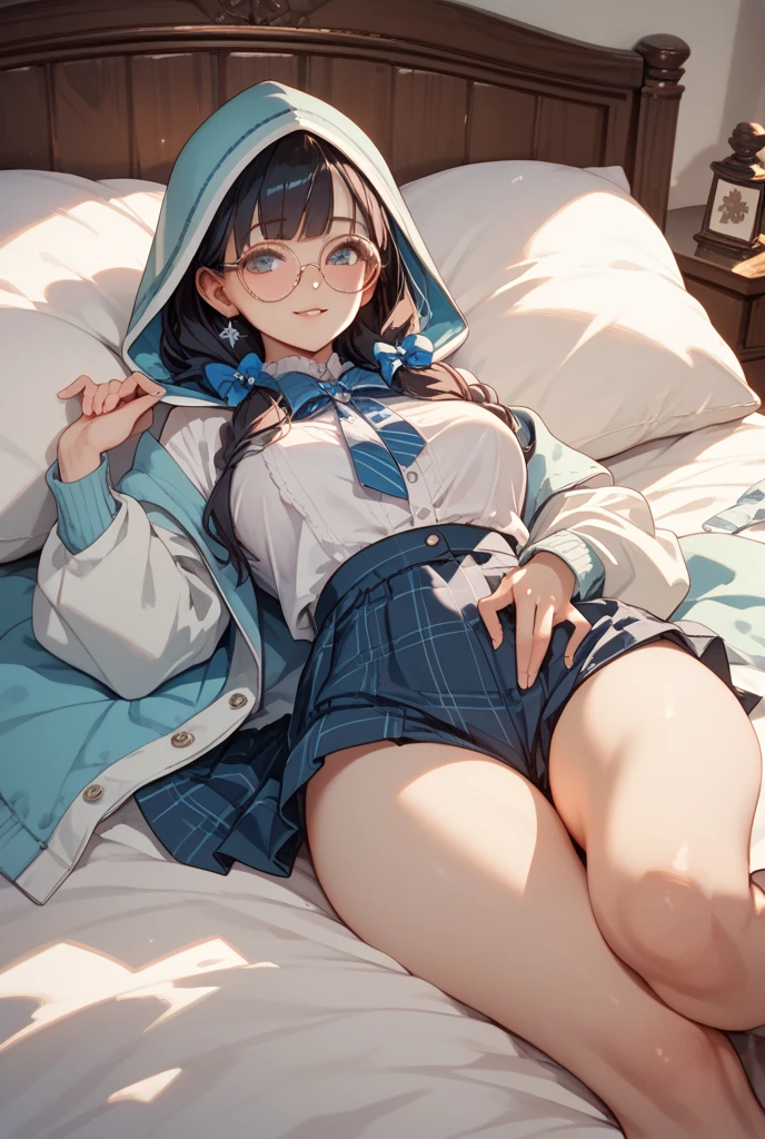 High quality girl laying in bed with short muted light greyish blue hair with bangs and glasses with navy eyes wearing student uniform one finger in panties