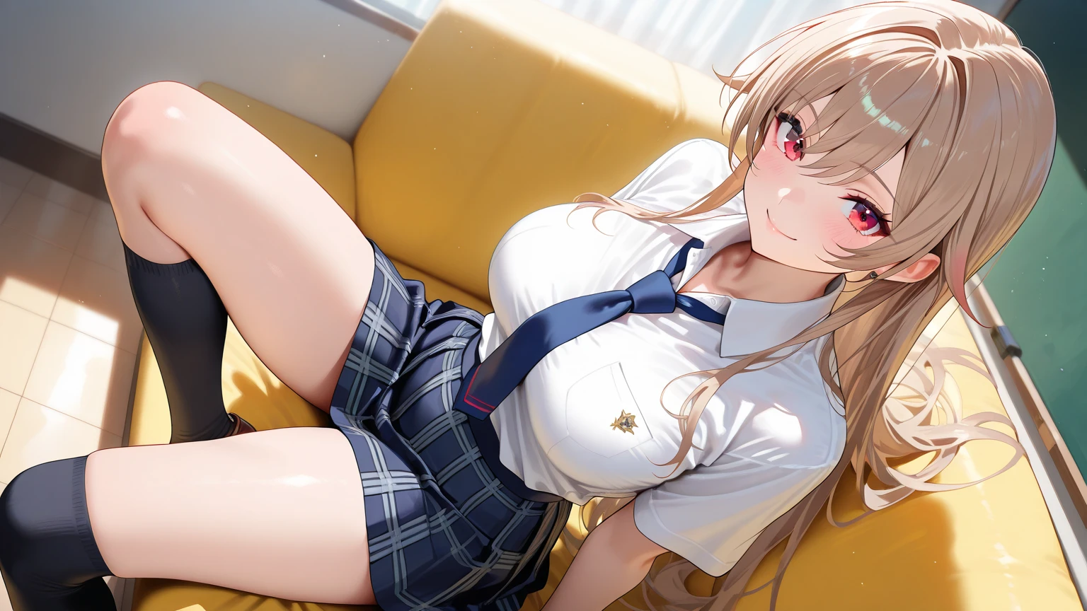 lying girls up to down from viewer's face, 1girl solo focus, a girls half closed eyes looking down and super open big mouth face, open legs and super loose socks feet and wearing satin cute panties, loafer soles up straddle sitting male abdomen missionary, (on the pink cute bed), She lies on the bed on her back, (overflowing with love juice:1.4), You push her down on the bed, Beautifully breasts exposed by the unbutton open front outer shirt, (Masterpiece, Super realistic, Super details, Super Highest Quality, Super Highest Quality), super cute and beautiful girl, (Mysterious atmosphere:1.3), You are male professional photographer, Japanese gal, For dark brown eyes, Blonde yellow hair, Pink ribbon, gal make-up, False eyelashes, Pearl pink lips, Unbuttoned out Hemmed sailor red open collared open front white shirt, (Very thin shirt:1.3), beautiful focus, big open mouth, (brown eyes:1.4), big round chest, BREAK, (Half down two side up blonde very long hair style:1.4), (Wider at the hem flabby large in size Super Loose Socks:1.4), (wear loafer:1.2), An innocent 16-year-old girl, (skin fang:1.2), super happy smile, evil smile, Extremely Realistic, big open mouth ahegao orgsming face, half close eyes, (With white ruffled hem red plaid pleat mini skirt girls:1.4), POV thighs push hands, (Shirt open outer outfit:1.4), super photo realistic, (Outfits with lots of frills:1.4), (White ruffles lots of in red skirt:1.6), (Very thin Long bangs over the eyes, Brown cartoon eyes:1.3), (Half head back:1.2), selfy shirt lift breasts exposed, rise your hands rabbit pose, super orgasming face, (riko mine from hidanno aria:1.2), beautiful camel toe, one legs up,score_9, White ruffled long sleeves, white ruffled skirt hem, wearing shiny satin bikinis, (One leg up wear loafer sole that seems to be stepping on the viewer's face:1.4). duck mouth, (white ruffled style mini skirt:1.4), slim thighs, slim waist, slim legs,