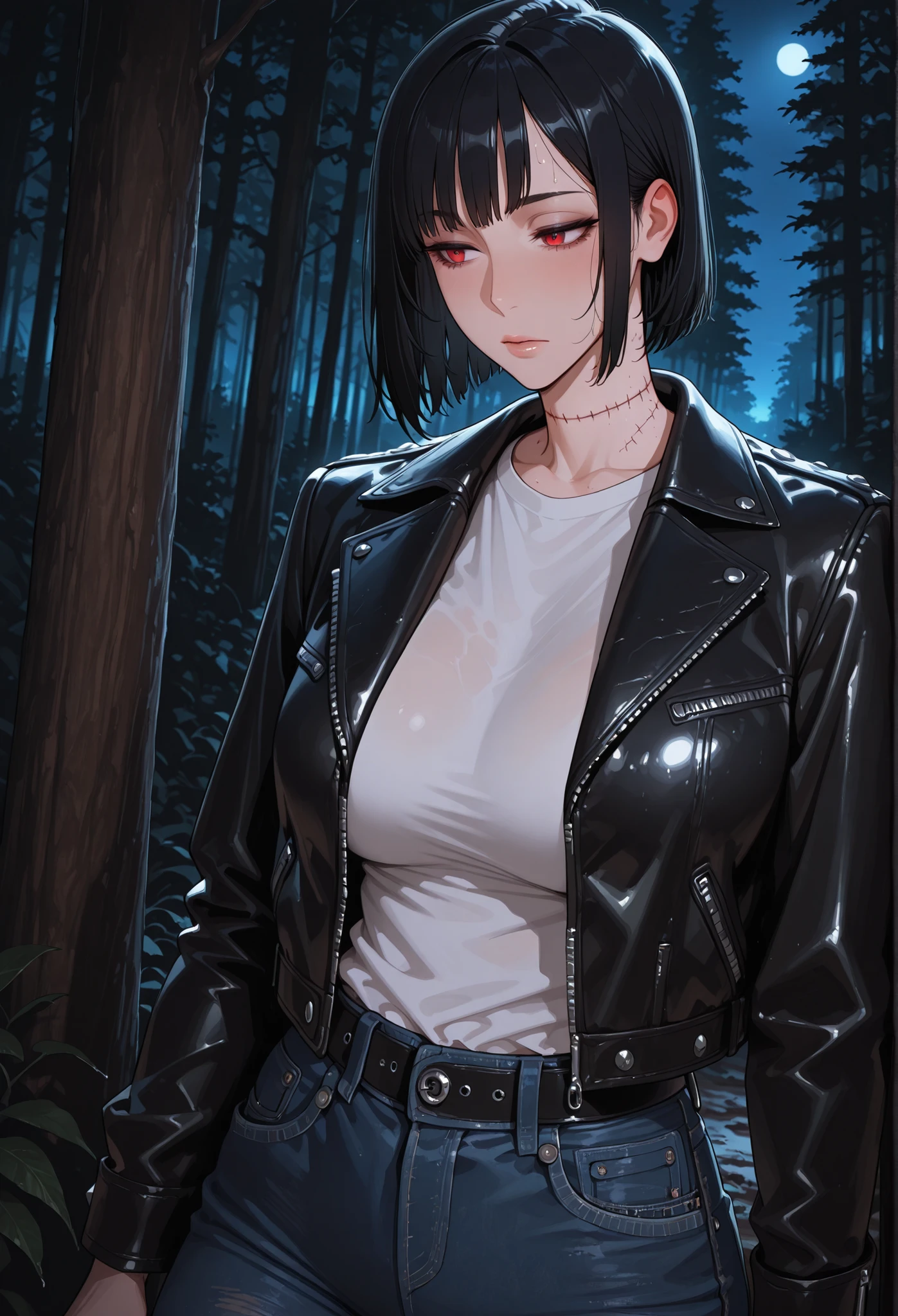 (masterpiece:1.1, best quality:1.1), cowboy shot, solo, 1girl, shizuku murasaki, expressionless, looking at viewer, detailed brown eyes, detailed face, (glasses:1.1, detailed black turtleneck sheer sweater:1.3, torn jeans pants:1.1, white panty:1.1, cross necklace:1.1, visible realistic nipples under sweater:1.35, she grab vacuum machine:1.25), (huge breasts:1.3), (in the realistic cave:1.15, dark atmosphere:1.55),