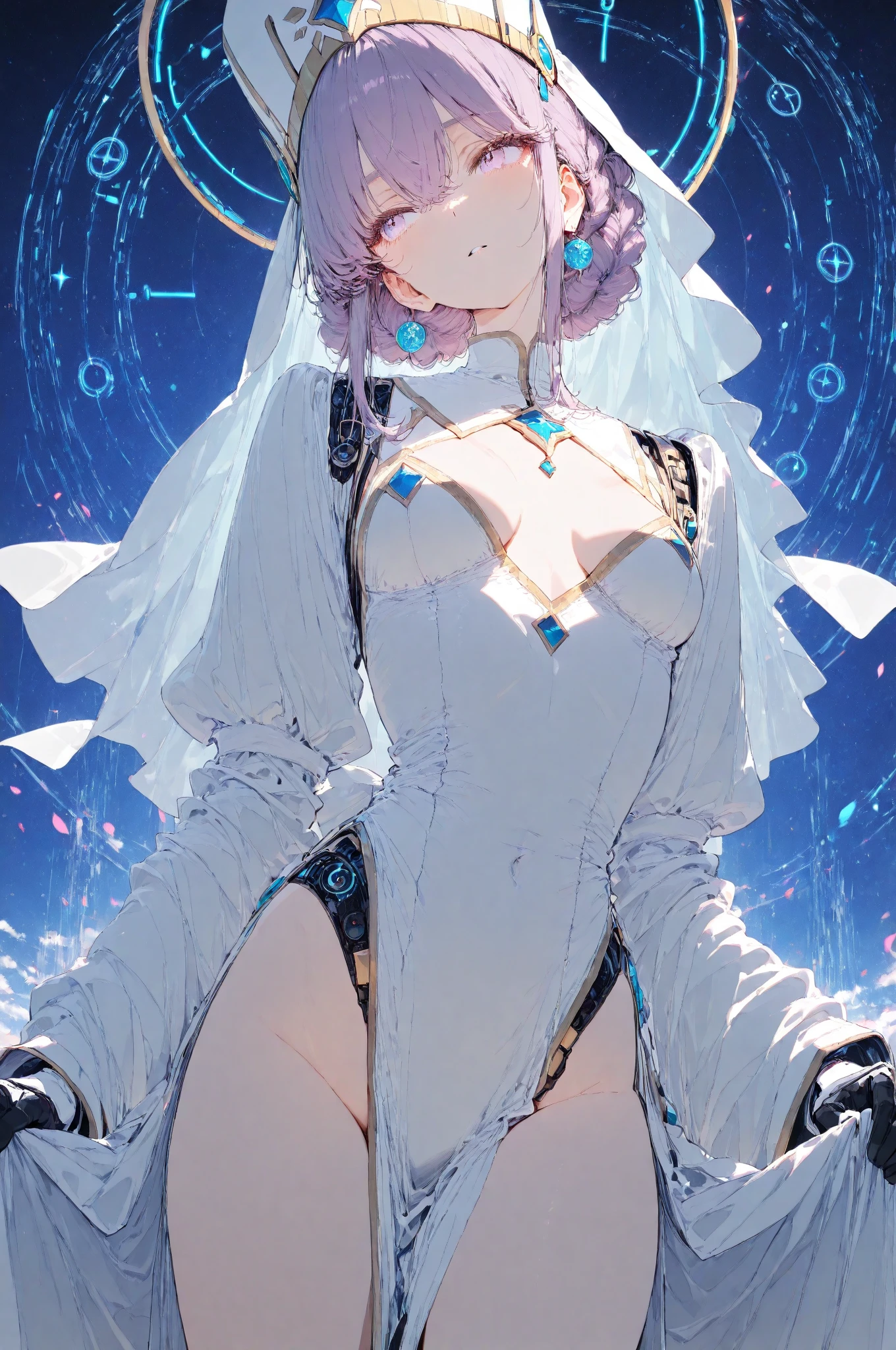 terroral, naked bandage, 1girl, large breasts, bandages, navel, solo, heart, blush, sleeves past wrists, hair between eyes, sleeves past fingers, jack-o'-lantern, looking at viewer, ass visible through thighs, cleavage, collarbone, halloween, night, sky, night sky, bow, long sleeves, moon, dutch angle, bandaged arm,
