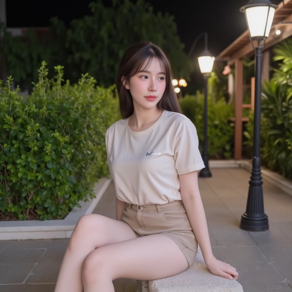 a beautiful woman aged 20 with long hair, was sitting in the yard, wearing a white T-shirt, black shorts, looking at the camera, faint smile, very detailed 8k