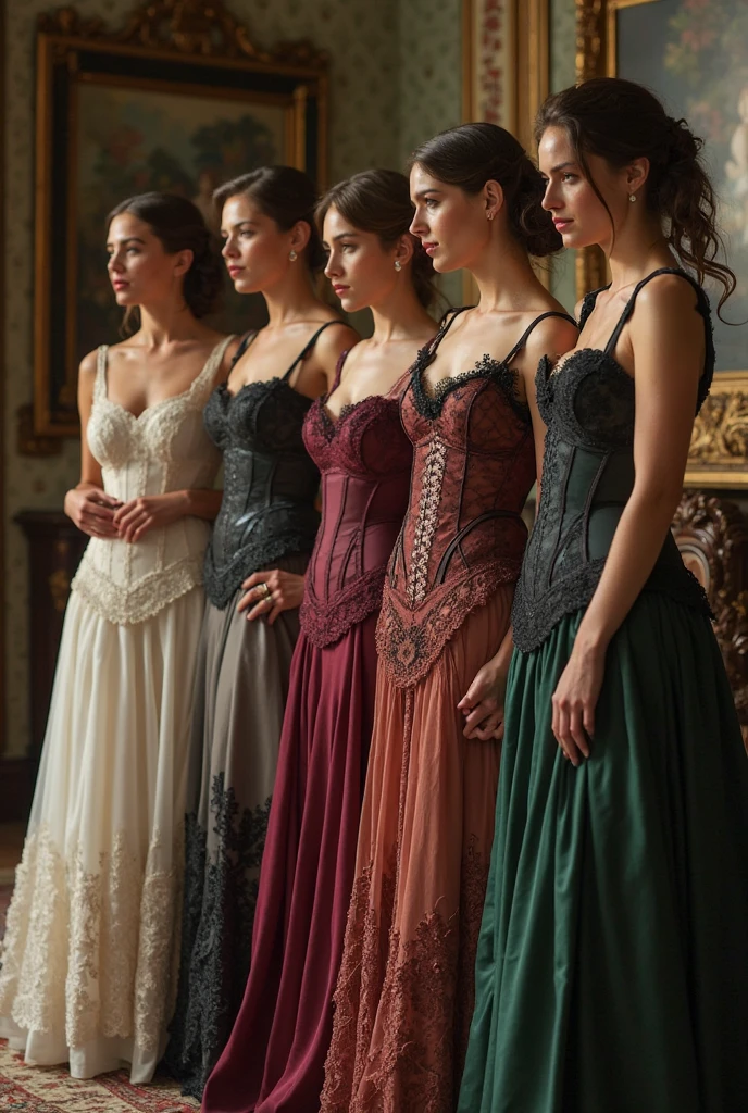 Their wives, dressed in elegant, corseted gowns with full skirts, whispered softly to one another, occasionally glancing out of the window at the rolling countryside. One woman's face was framed by dark curls, her green eyes sparkling with curiosity and intelligence. Another had porcelain skin and auburn hair, her warm brown eyes filled with gentle wisdom and kindness.